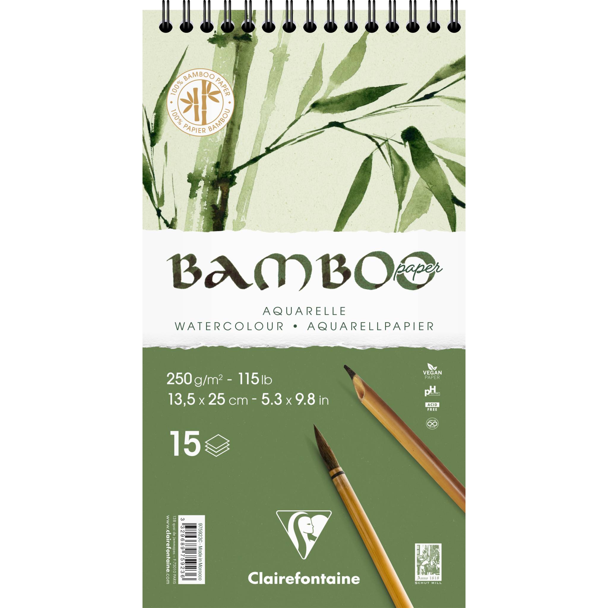 Clairefontaine 2x Spiralblock mit 15 Blatt Bambuspapier, 13,5x25 cm, 975923C