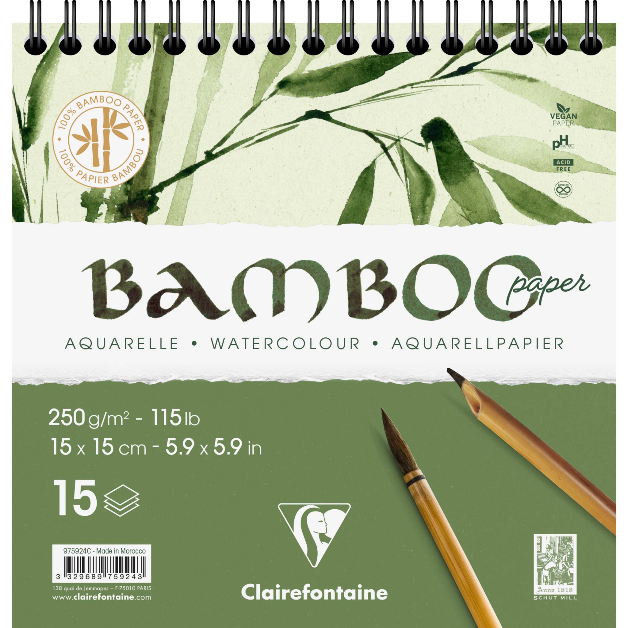 Clairefontaine 2x Bamboo, Spiralblock 15 Bl Bambuspapier, 15x15 cm, 250g 975924C