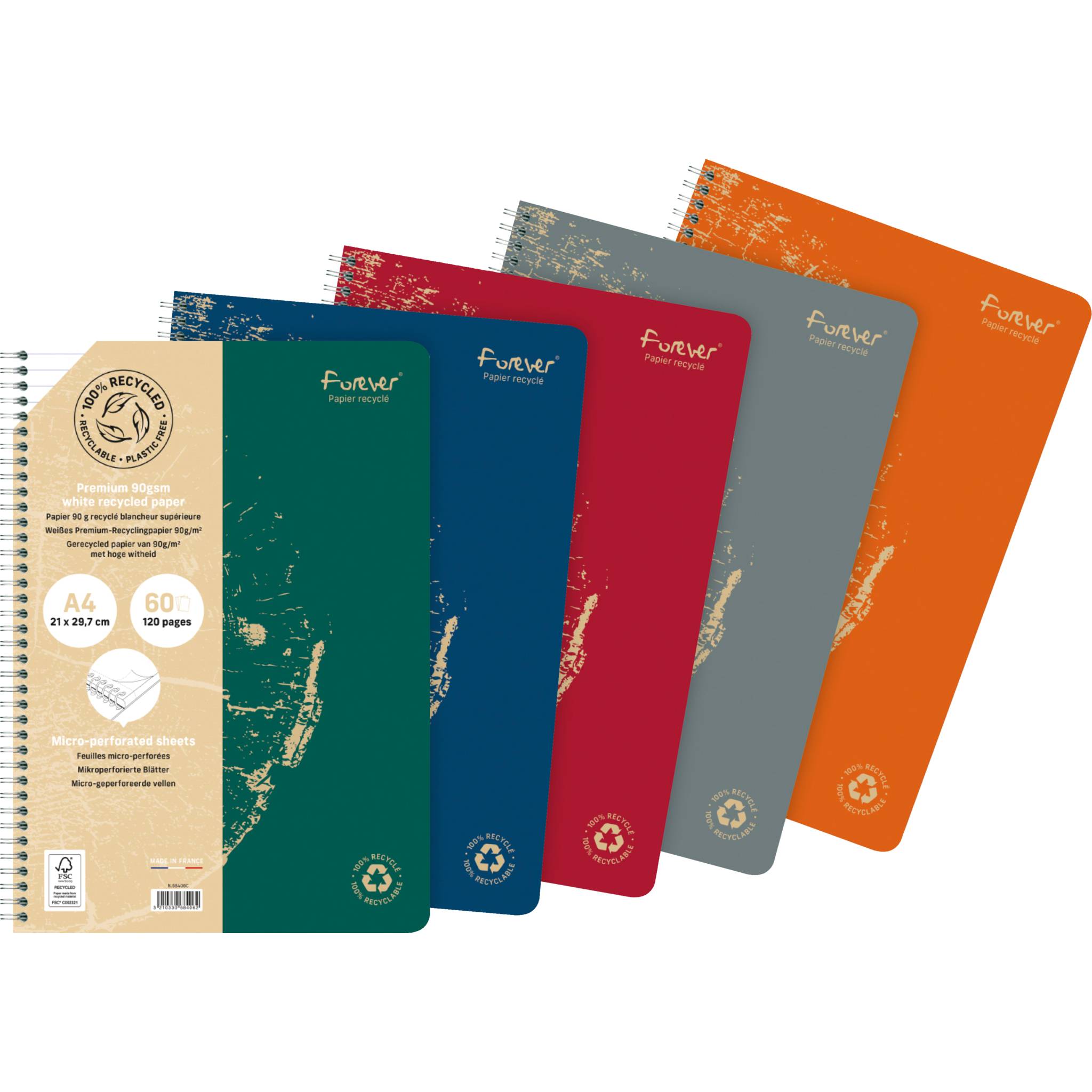 Forever 5x Spiralheft A4 100% recycelt, 60 Bl liniert, 90g - Sortiert 68406C