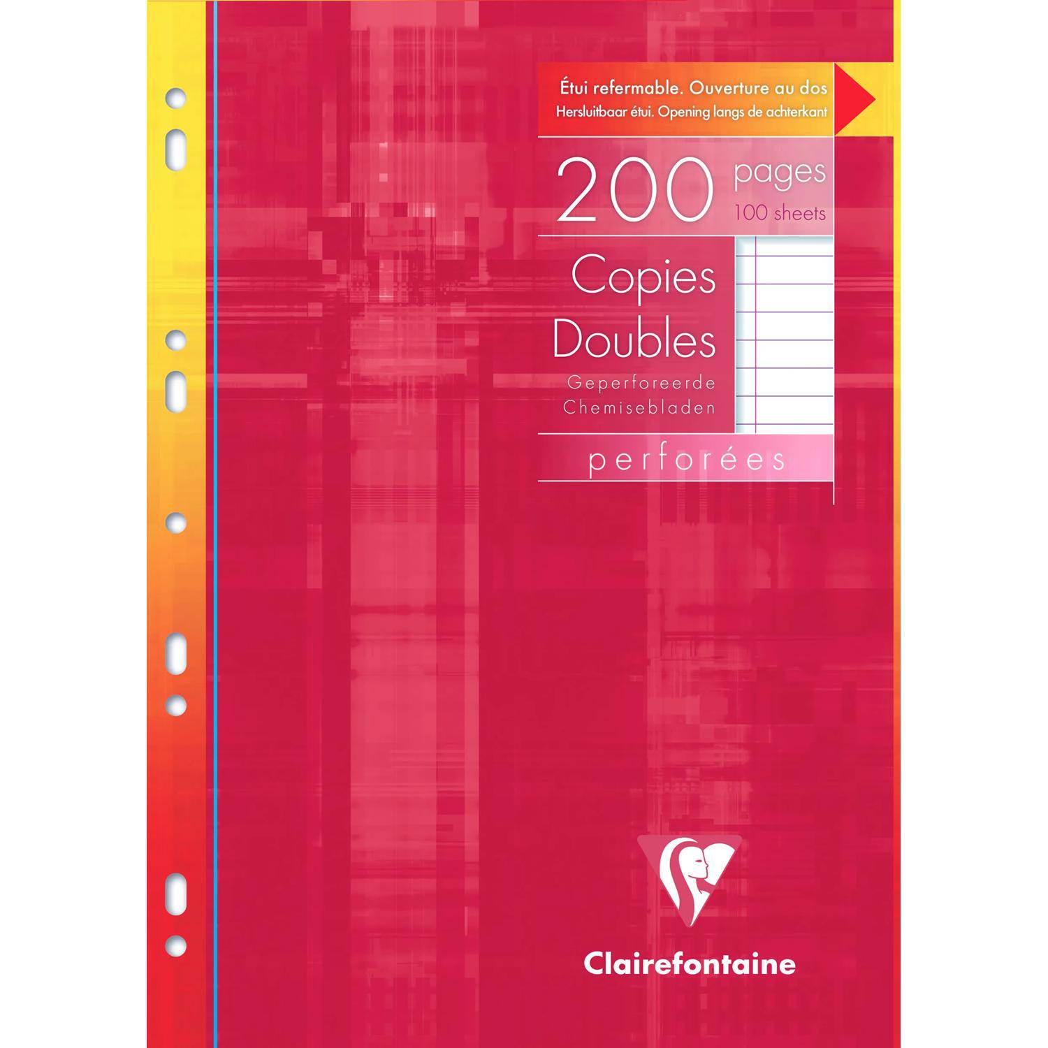 Rosa perforiertes Kopierpapier von Clairefontaine, 200 Seiten, mit sichtbaren Binderlöchern und mehrsprachigem Etikett.