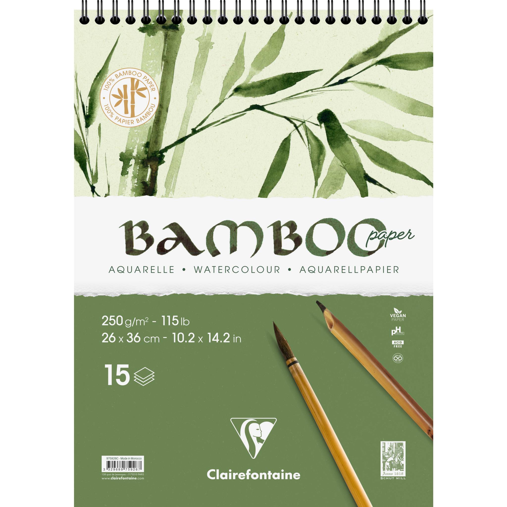 Clairefontaine 4x Bamboo, Spiralblock 15 Bl Bambuspapier, 26x36 cm, 250g 975926C