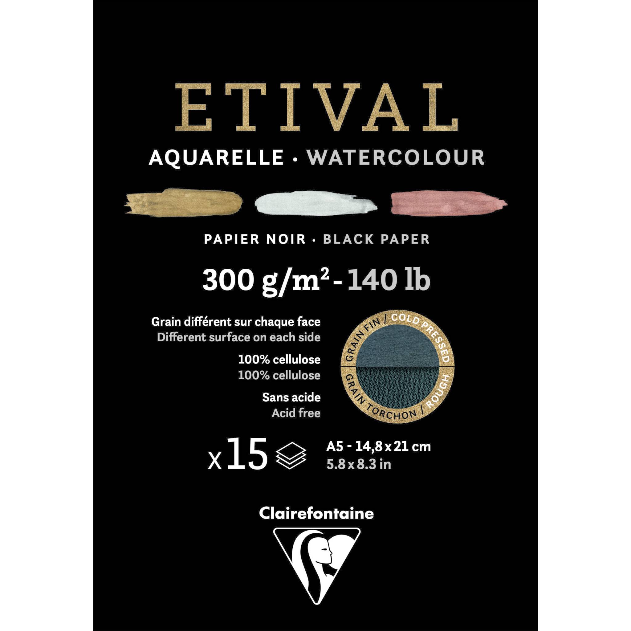 Clairefontaine 5x schwarzes Aquarellpapier, Block 15 Blatt A5, 975317C