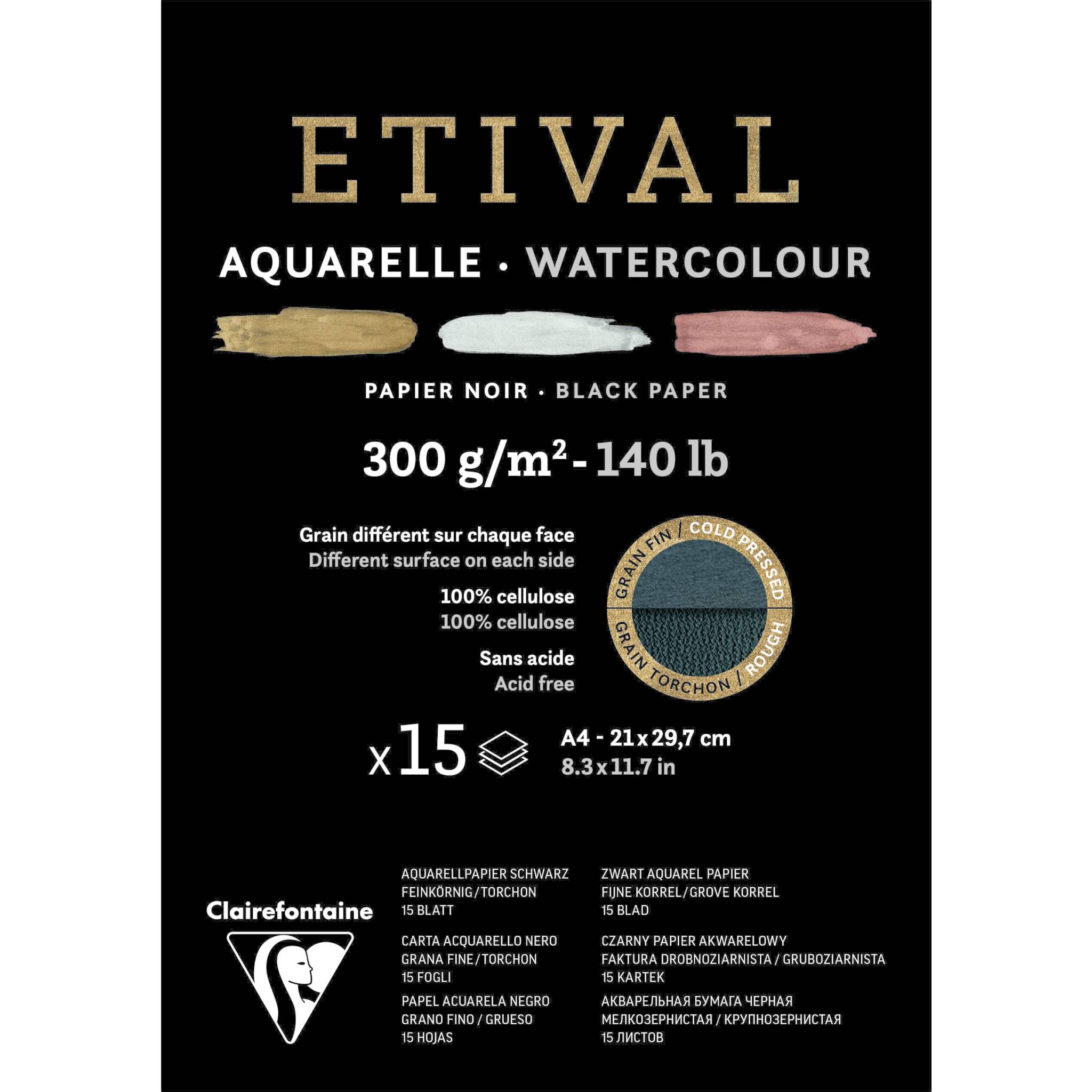 Clairefontaine 5x schwarzes Aquarellpapier, Block 15 Blatt A4, 975318C