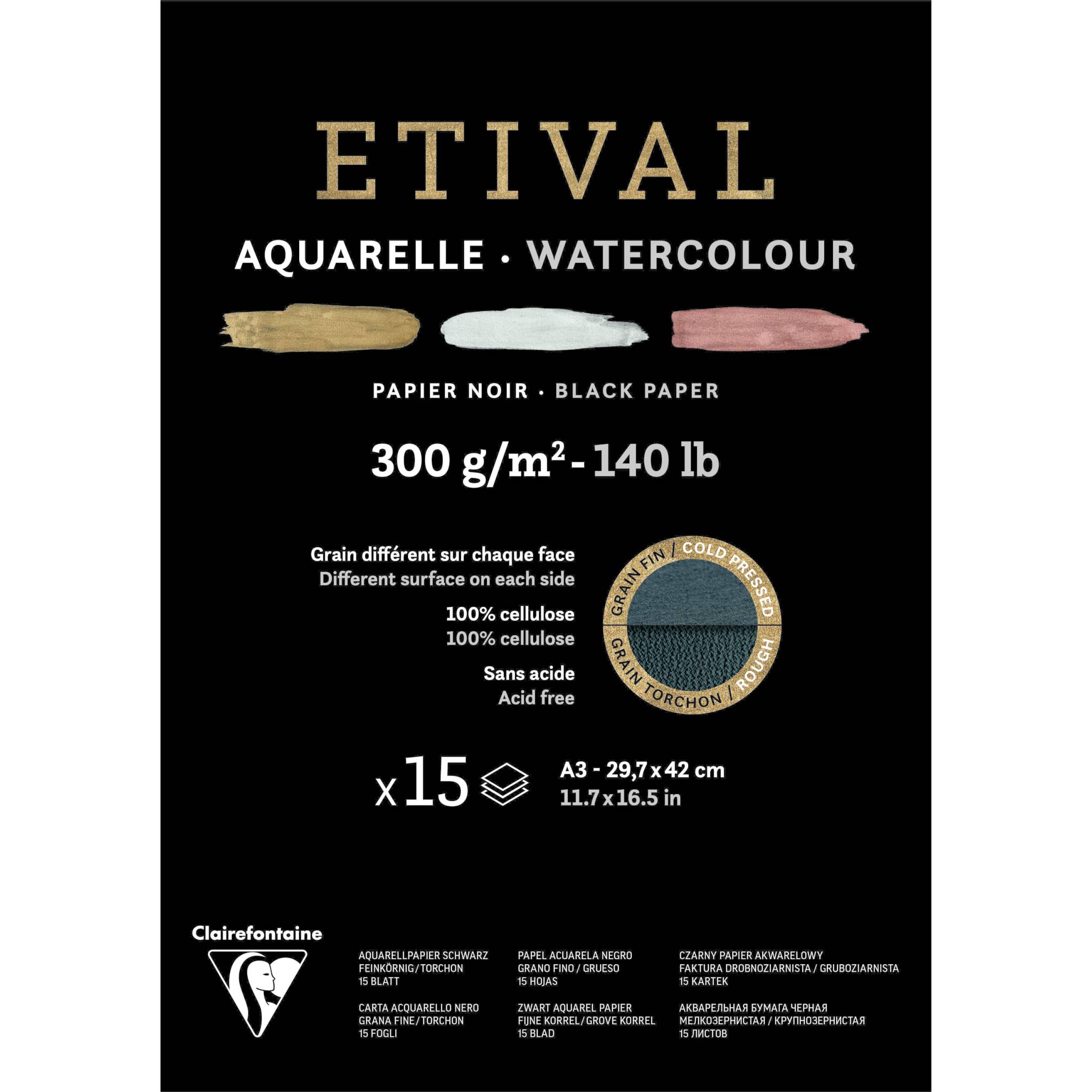 Clairefontaine 5x schwarzes Aquarellpapier, Block 15 Blatt A3, 975319C