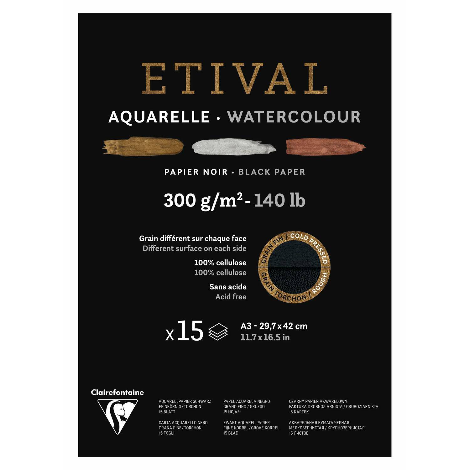 Clairefontaine 5x schwarzes Aquarellpapier, Block 15 Blatt A3, 975319C