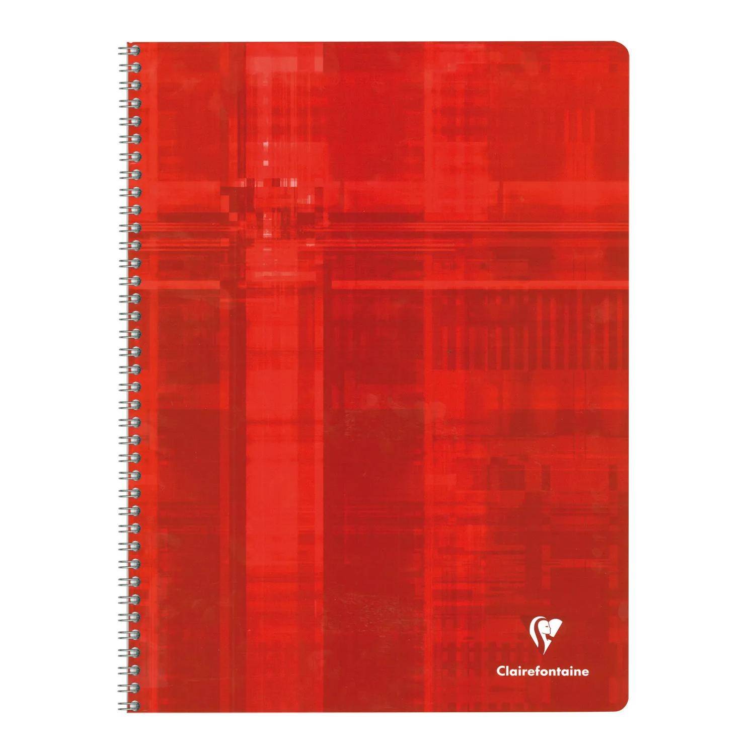 Rotes spiralgebundenes Clairefontaine-Notizbuch mit einfachem rotem Einband und weißem Logo unten rechts.