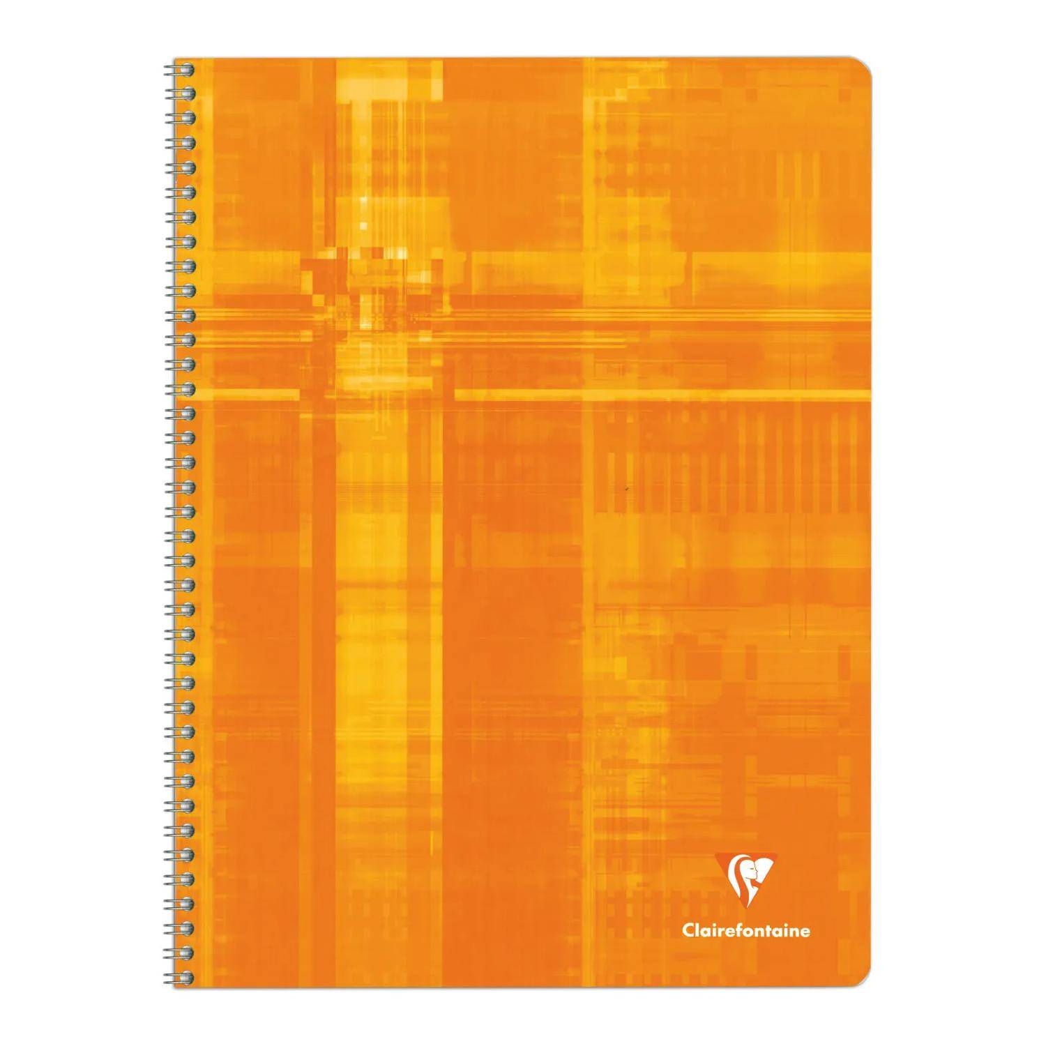 Oranges Spiralbindungs-Notizbuch mit kariertem Umschlag und Clairefontaine-Logo unten rechts.
