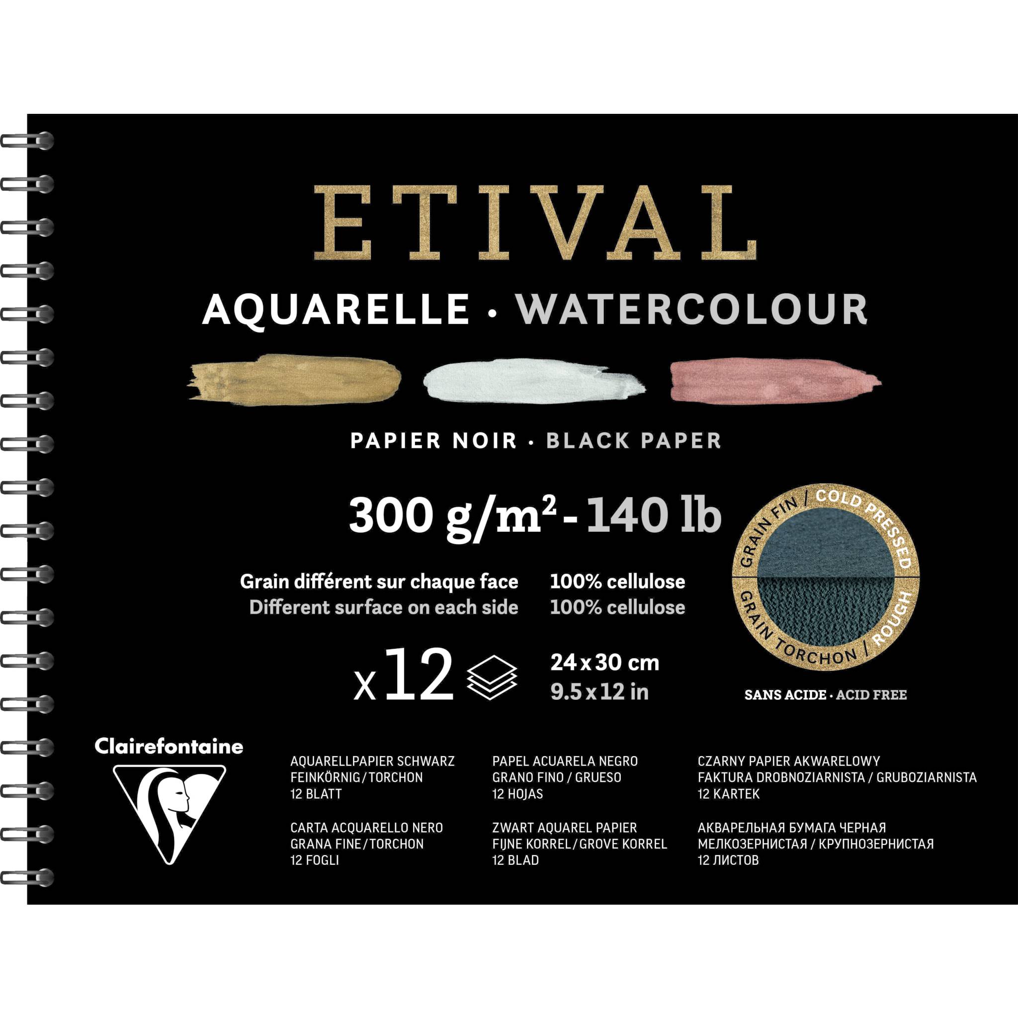 Clairefontaine 5x schwarzes Aquarellpapier, Block 12 Blatt 24x30cm, 975326C