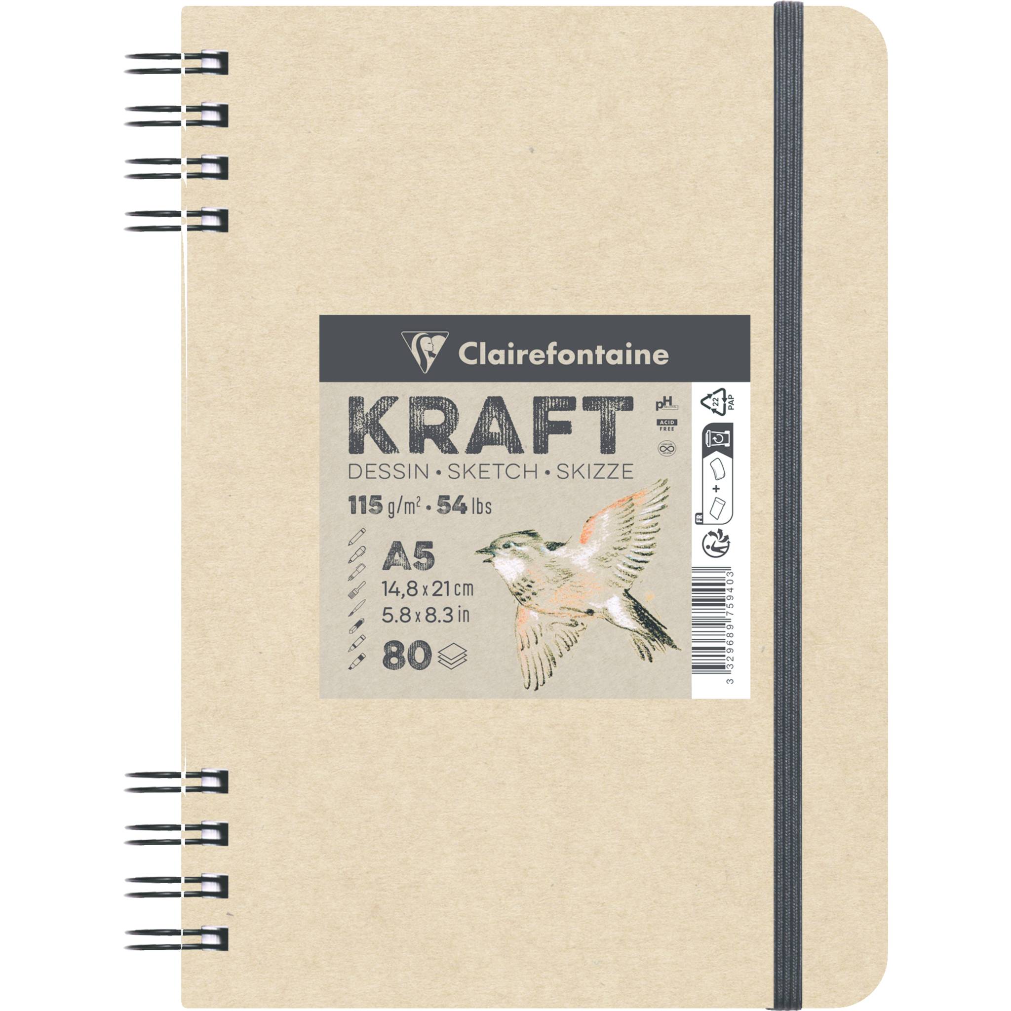 Clairefontaine 5x Kraft Skizzenbuch A5 mit Doppelspirale, 80 Blatt 115g 975940C