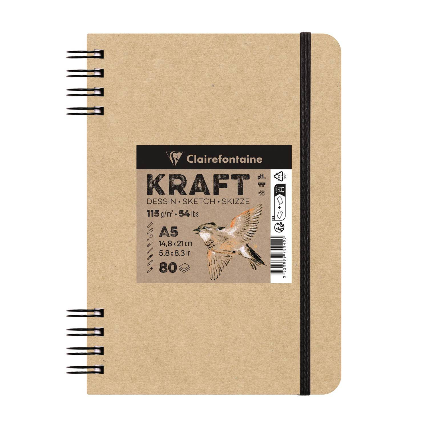 Clairefontaine 5x Kraft Skizzenbuch A5 mit Doppelspirale, 80 Blatt 115g 975940C