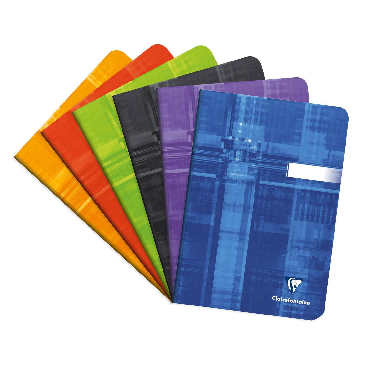 Stapel von sechs farbenfrohen Clairefontaine-Notizbüchern oder Mappen, fächerförmig auf weißem Hintergrund angeordnet, mit Blau vorne und Orange, Rot, Grün, Schwarz und Lila dahinter.
