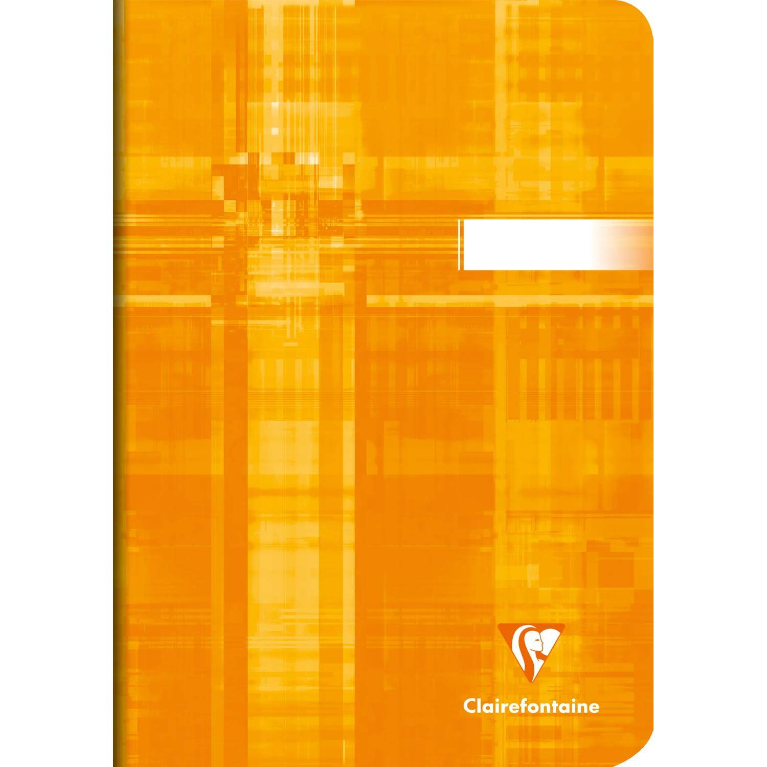 Orange Clairefontaine Notizbucheinband mit abstraktem geometrischem Muster und einem kleinen weißen Etikettenbereich, mit dem Clairefontaine-Logo in der Nähe des unteren Rands.