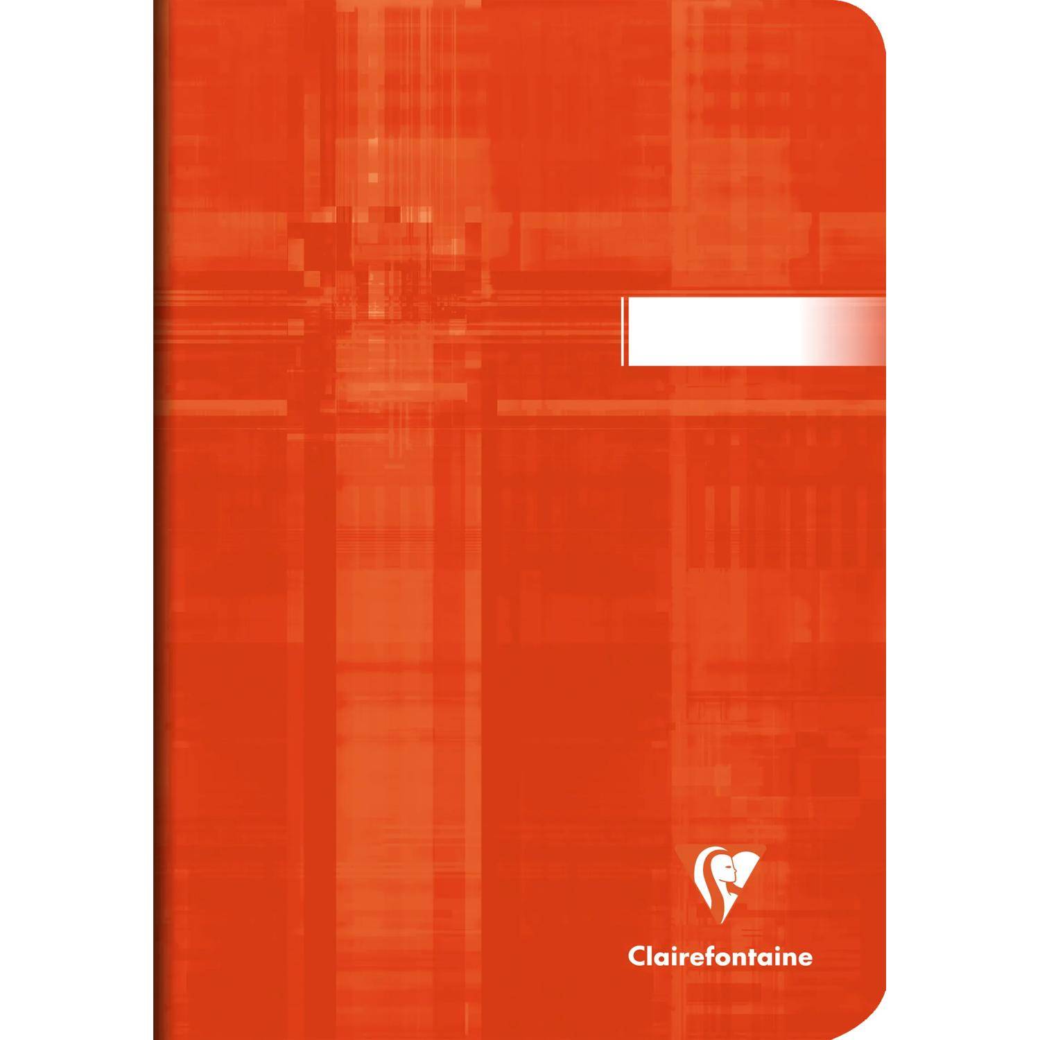 Orangefarbener Clairefontaine-Notizbucheinband mit weißem Etikettierungsbereich und Logo unten rechts.
