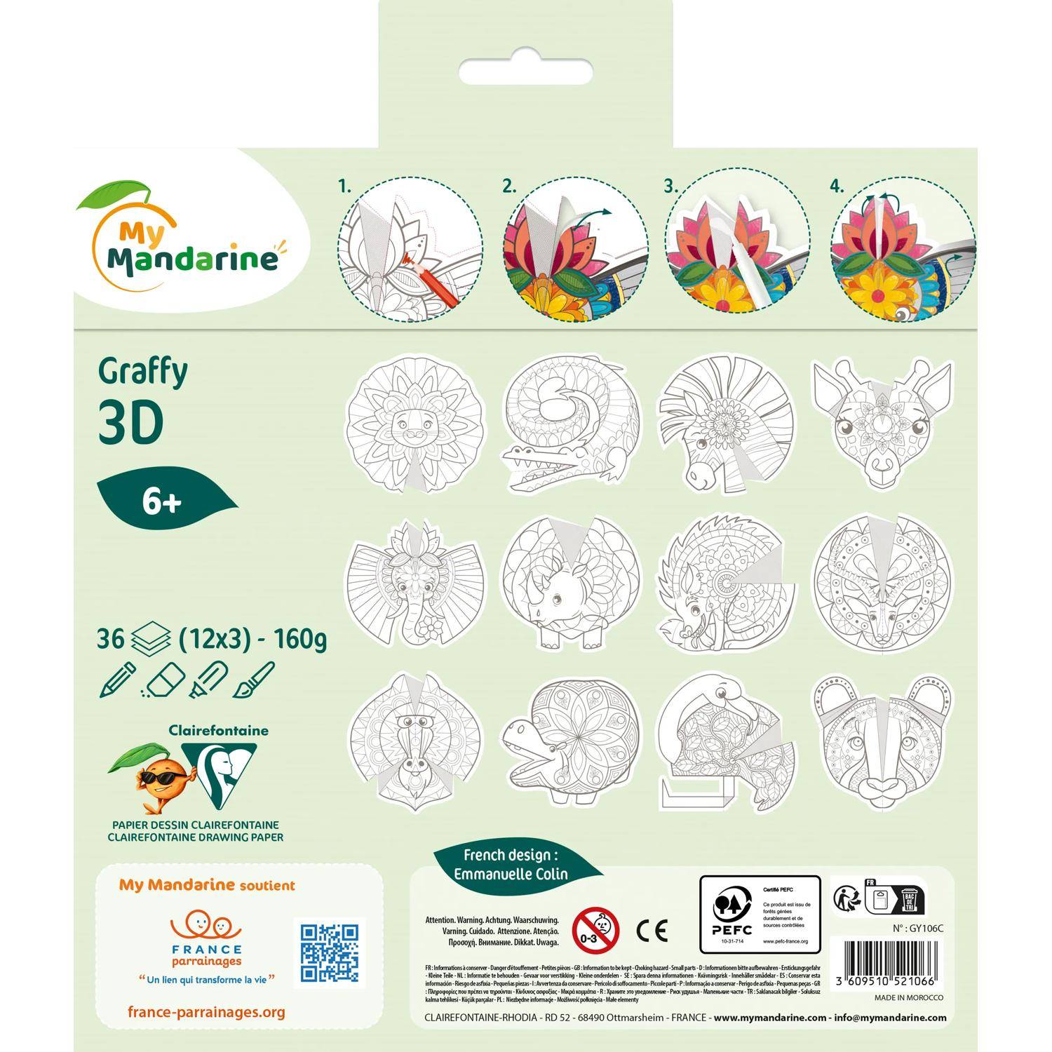 Avenue Mandarine 5x Graffy Pop Mandala 3D, Tiere der Savanne - Mehrfarbig GY106C