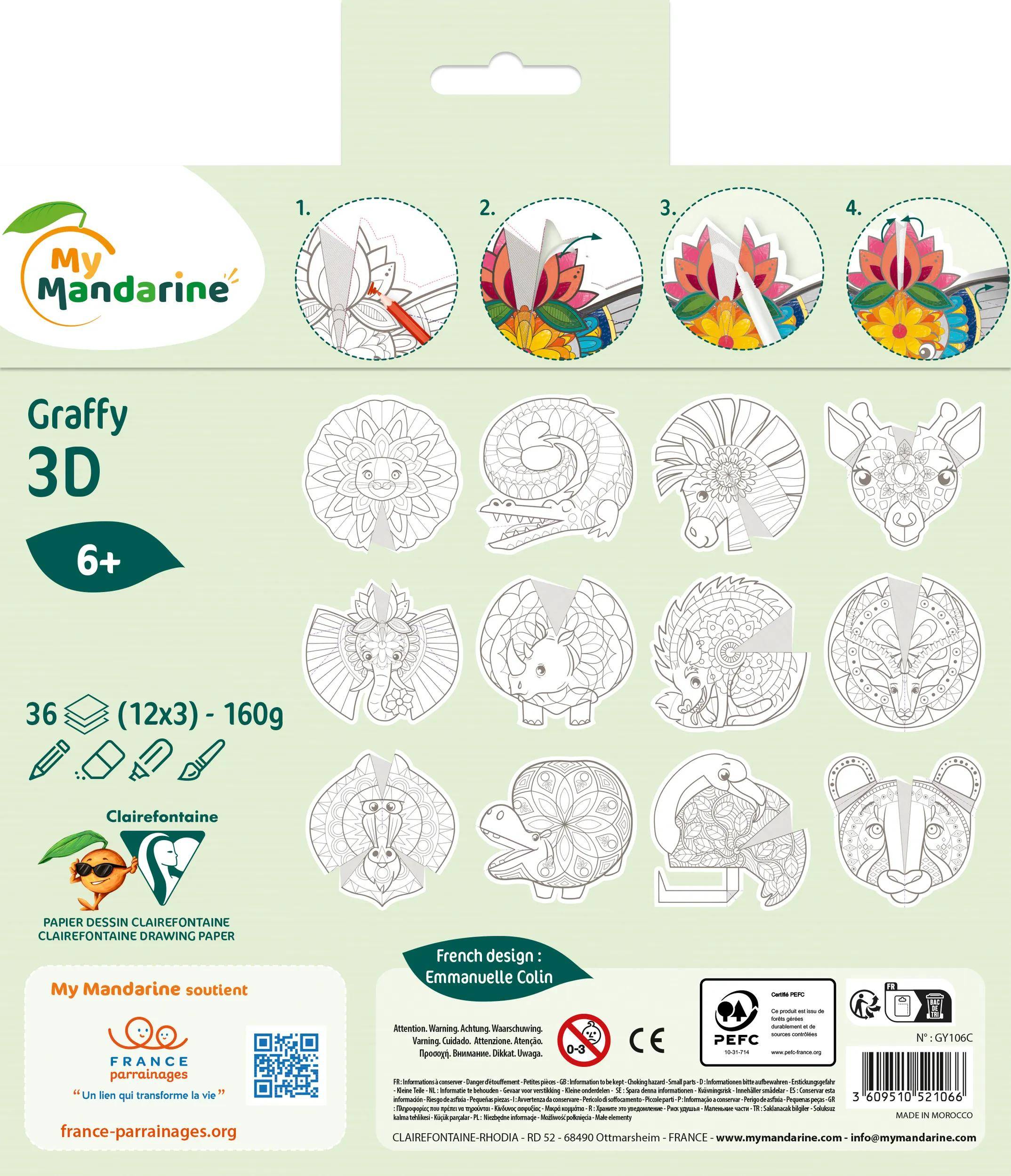 Avenue Mandarine 5x Graffy Pop Mandala 3D, Tiere der Savanne - Mehrfarbig GY106C