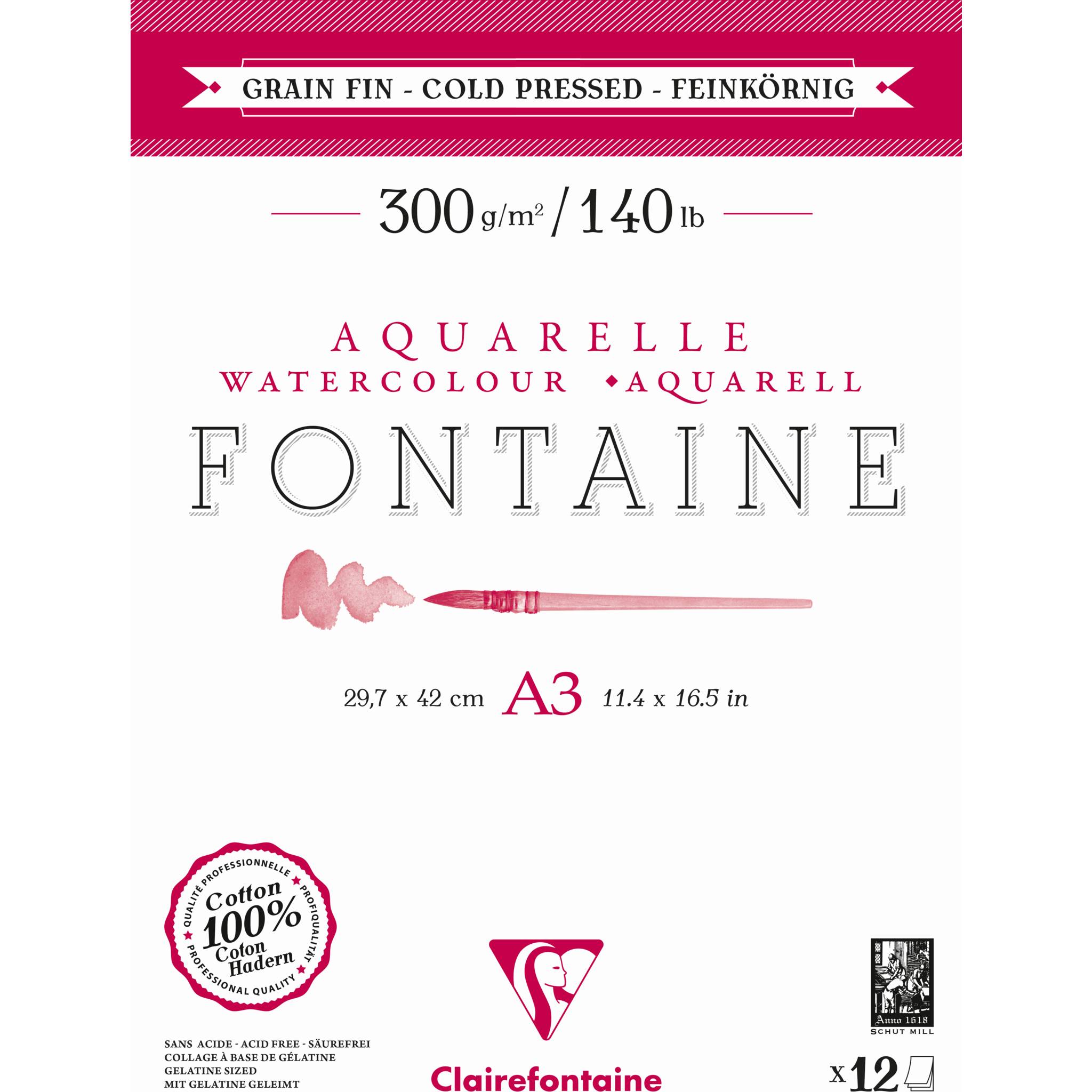 Clairefontaine 5x Aquarellblock 2-seitig geleimt, A3, 12 Blatt weiß 975950C