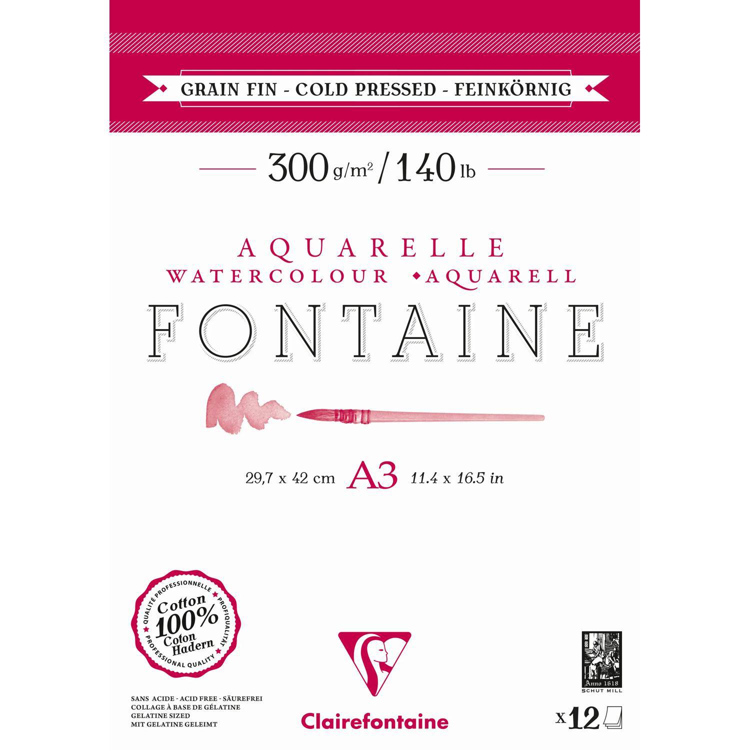 Clairefontaine 5x Aquarellblock 2-seitig geleimt, A3, 12 Blatt weiß 975950C