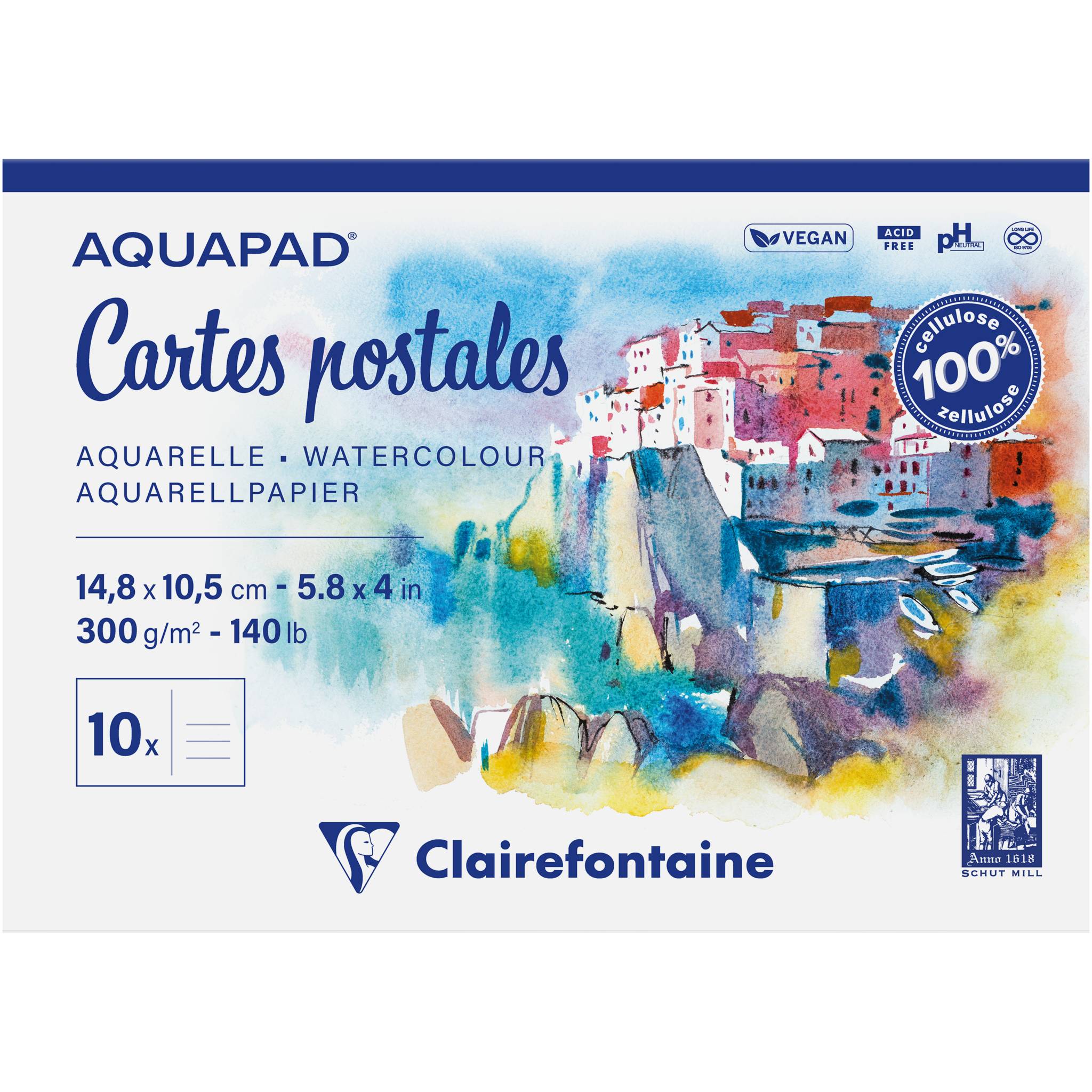 Clairefontaine 5x Aquapad Postkarten, geleimter Block A6, 20 Blatt 300g 975954C