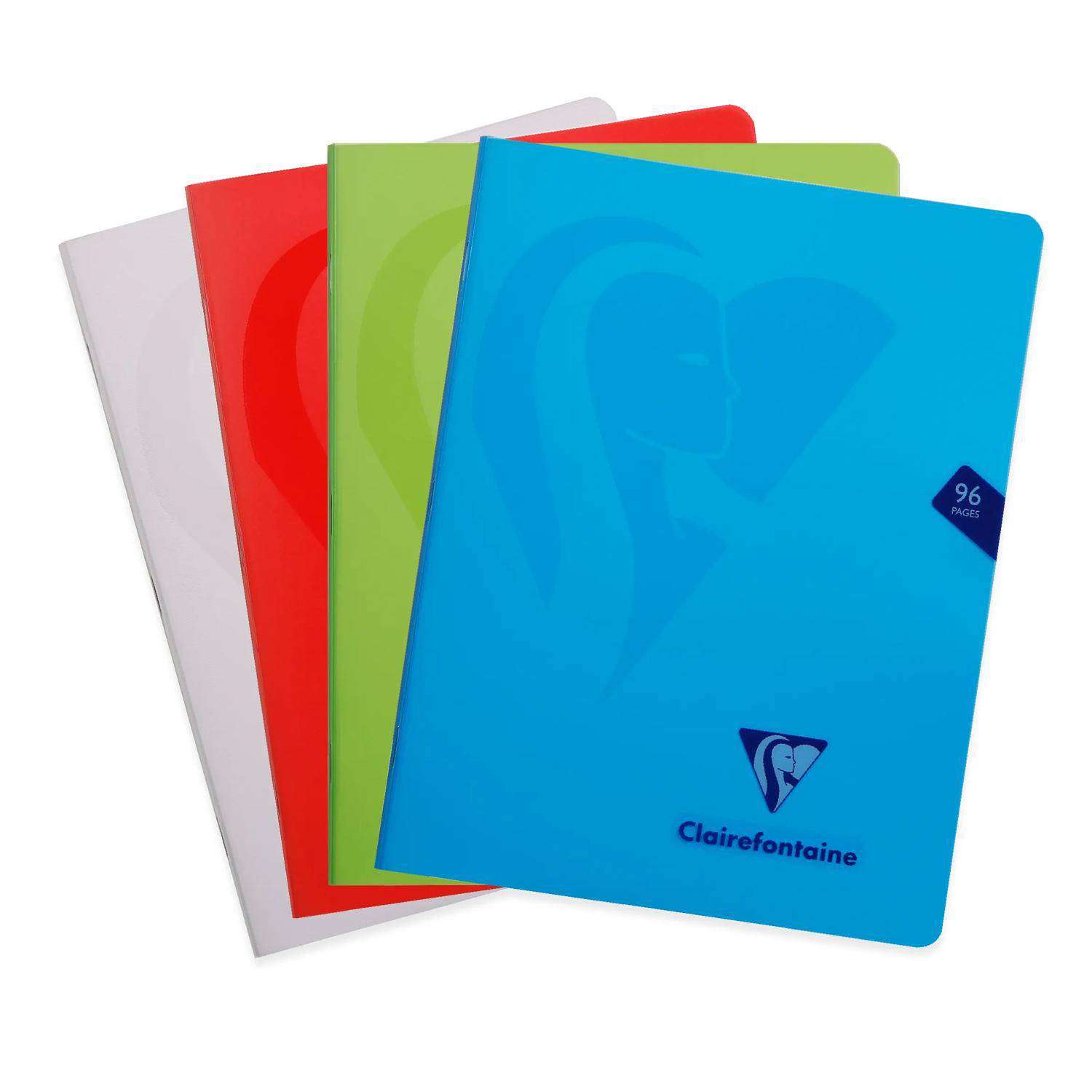 Stapel von vier farbenfrohen Clairefontaine-Notizbüchern, wobei das blaue Notizbuch vorne mit der Aufschrift „96 Seiten