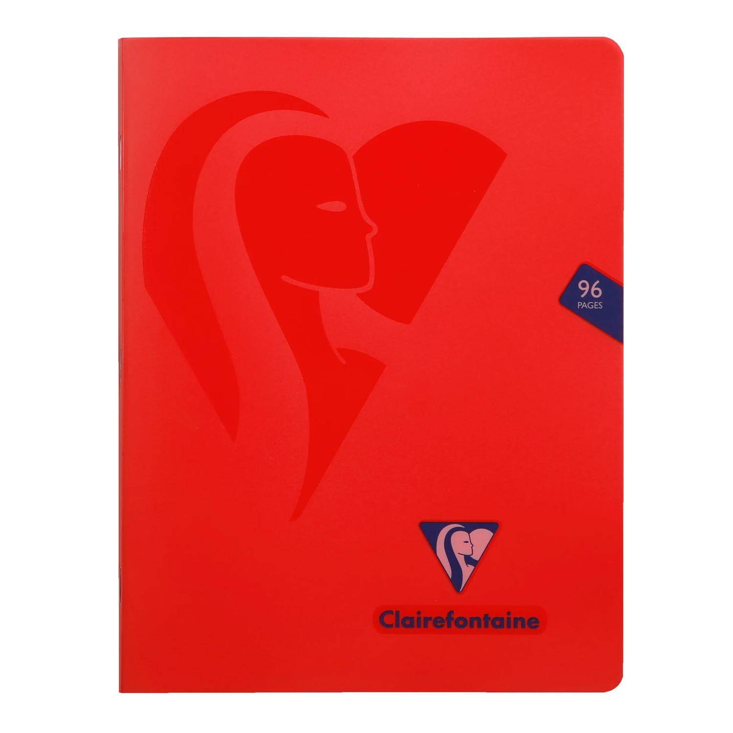Rotes Clairefontaine-Notizbuch mit geprägte Frauensilhouette und „96 Seiten"-Aufkleber auf dem Umschlag.