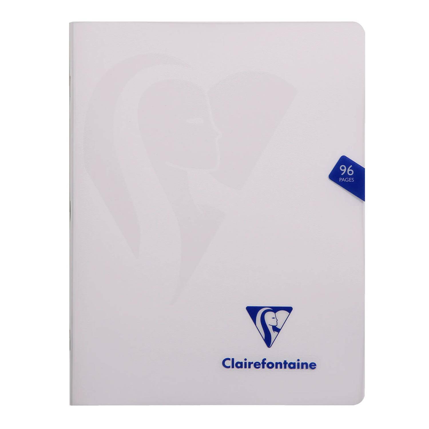 Weißes Clairefontaine-Notizbuch mit einem zarten Herzdesign und einer blauen Registerkarte "96 Seiten"" auf dem Umschlag.