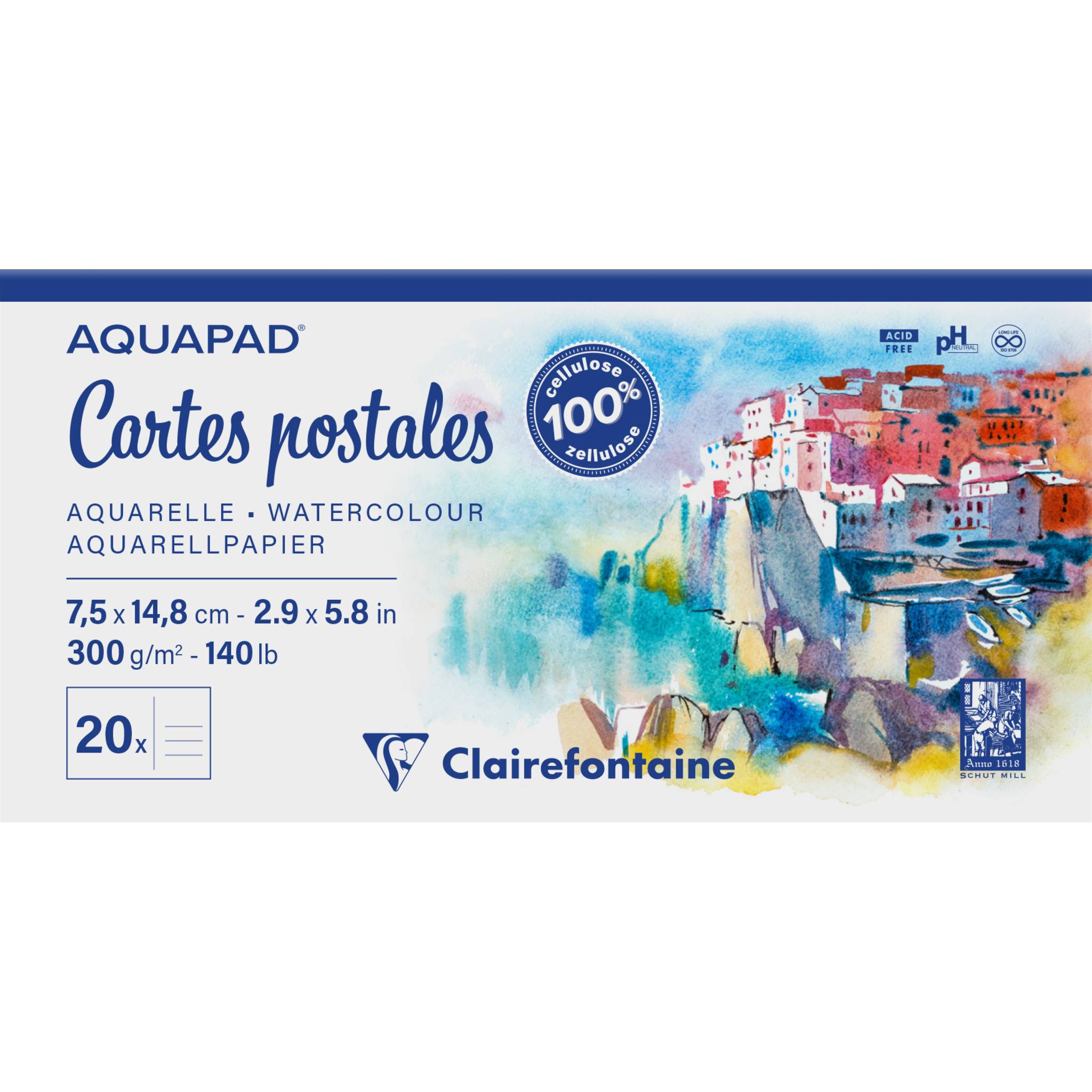 Clairefontaine 5x Aquapad Postkarten Block 7,5x14,8cm 20 Blatt 975953C