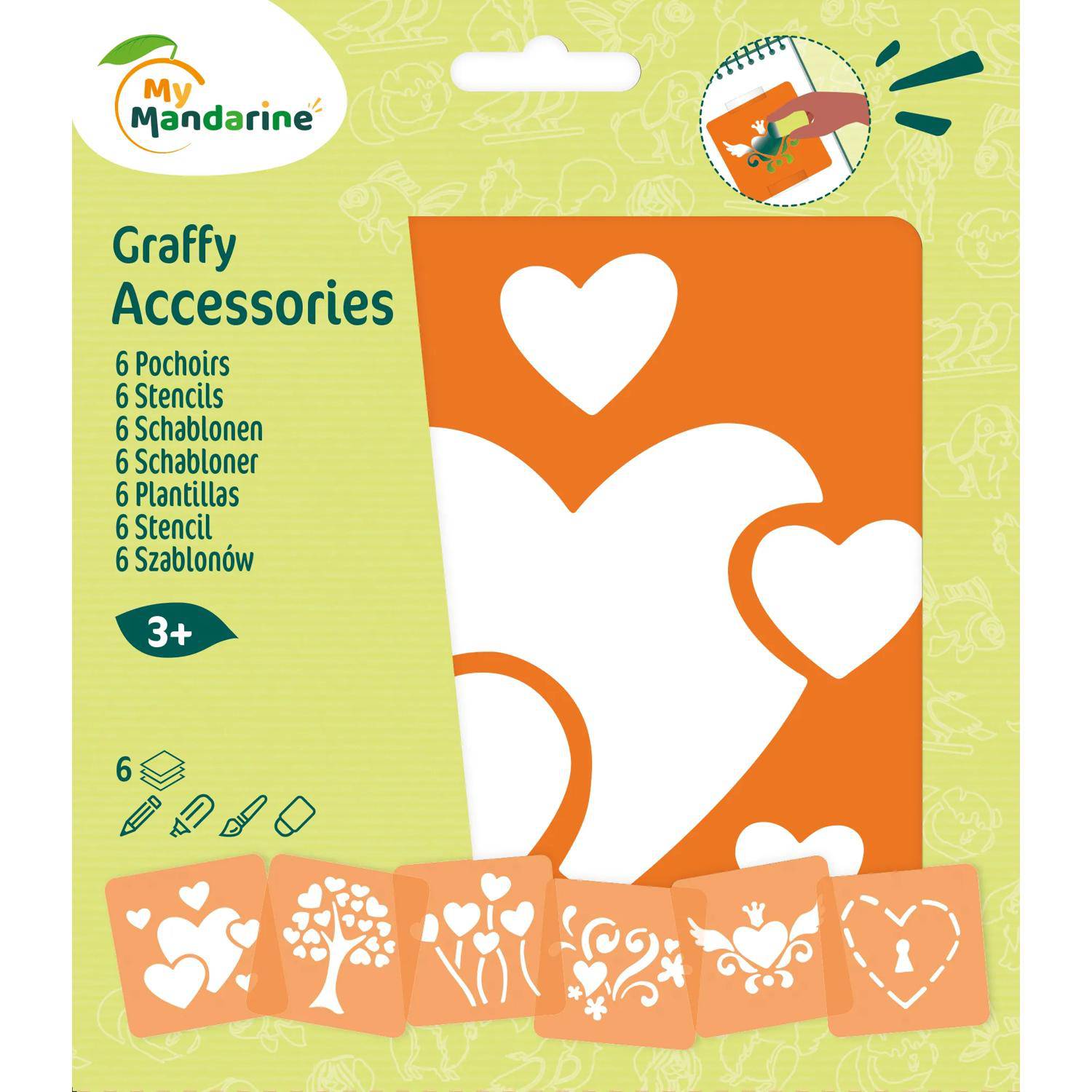 Avenue Mandarine 3x 6-teiliges Schablonenset für Kinder, Herzen - Orange 42640O