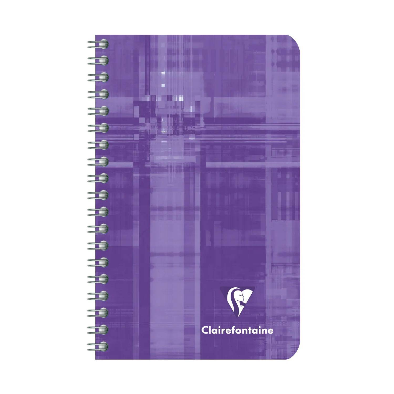 Violettes spiralgebundenes Notizbuch mit strukturiertem Umschlag und dem Clairefontaine-Logo in der Nähe des unteren Randes.