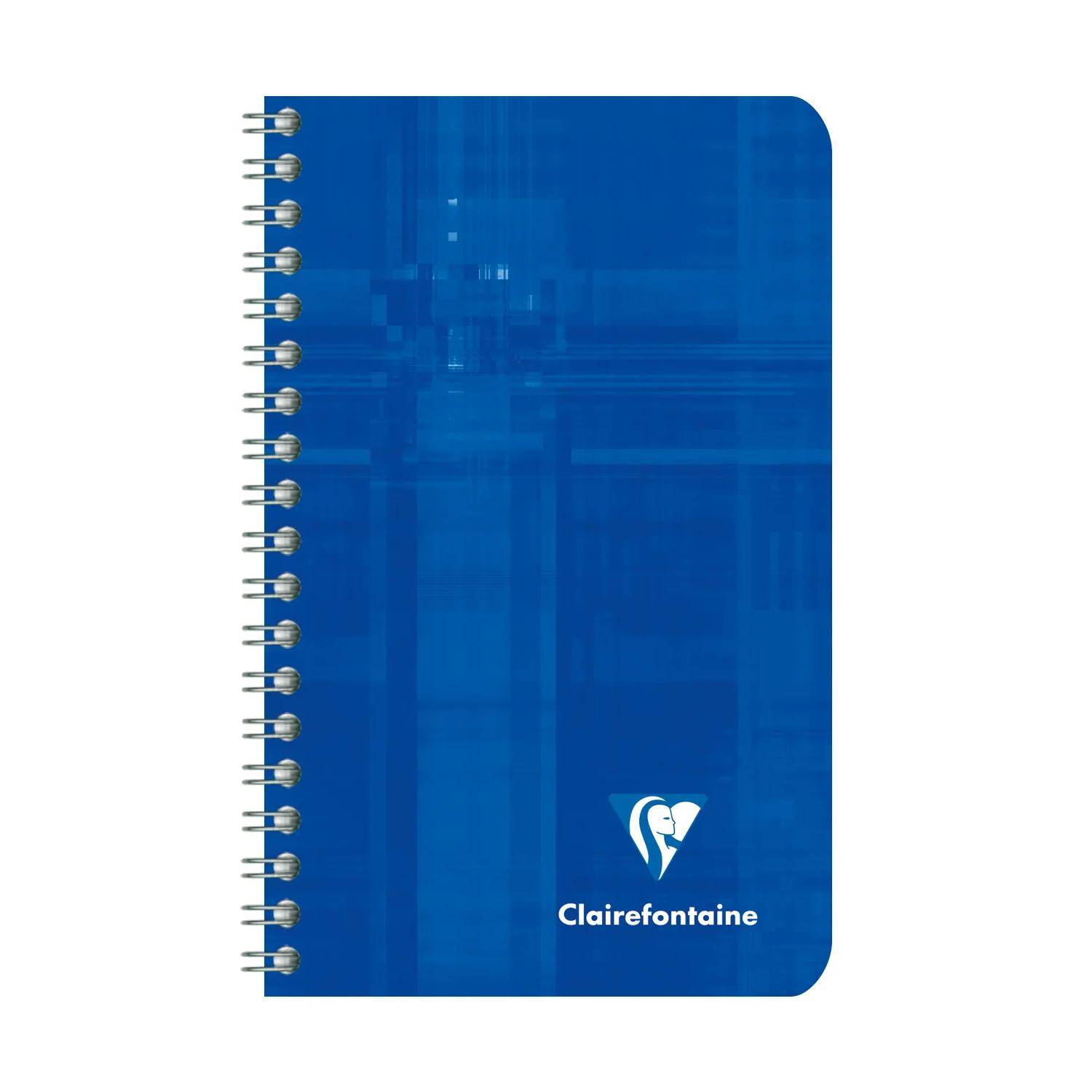 Blaues spiralgebundenes Clairefontaine-Notizbuch mit abgerundeten Ecken und dem Clairefontaine-Logo auf dem Umschlag.