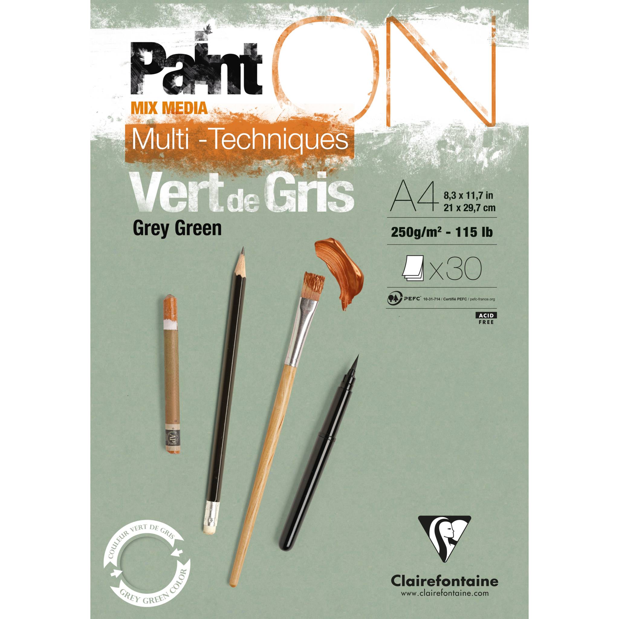 Clairefontaine 4x Block A4, kopfseitig geleimt, 30 Blatt Graugrün 975705C