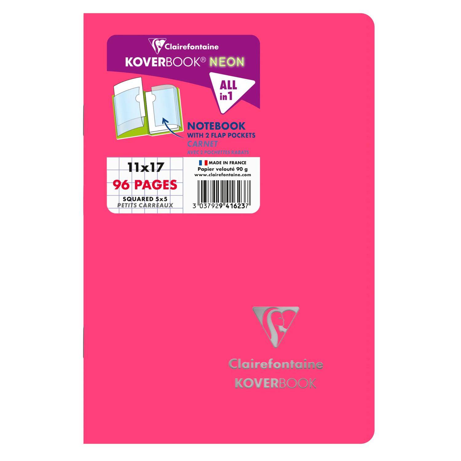 Leuchtend rosa Clairefontaine Koverbook NEON Notizbuchcover mit „ALL in 1" Etikett, Größe 11x17, 96 Seiten, kariert 5x5, und 2 Klappentaschen.