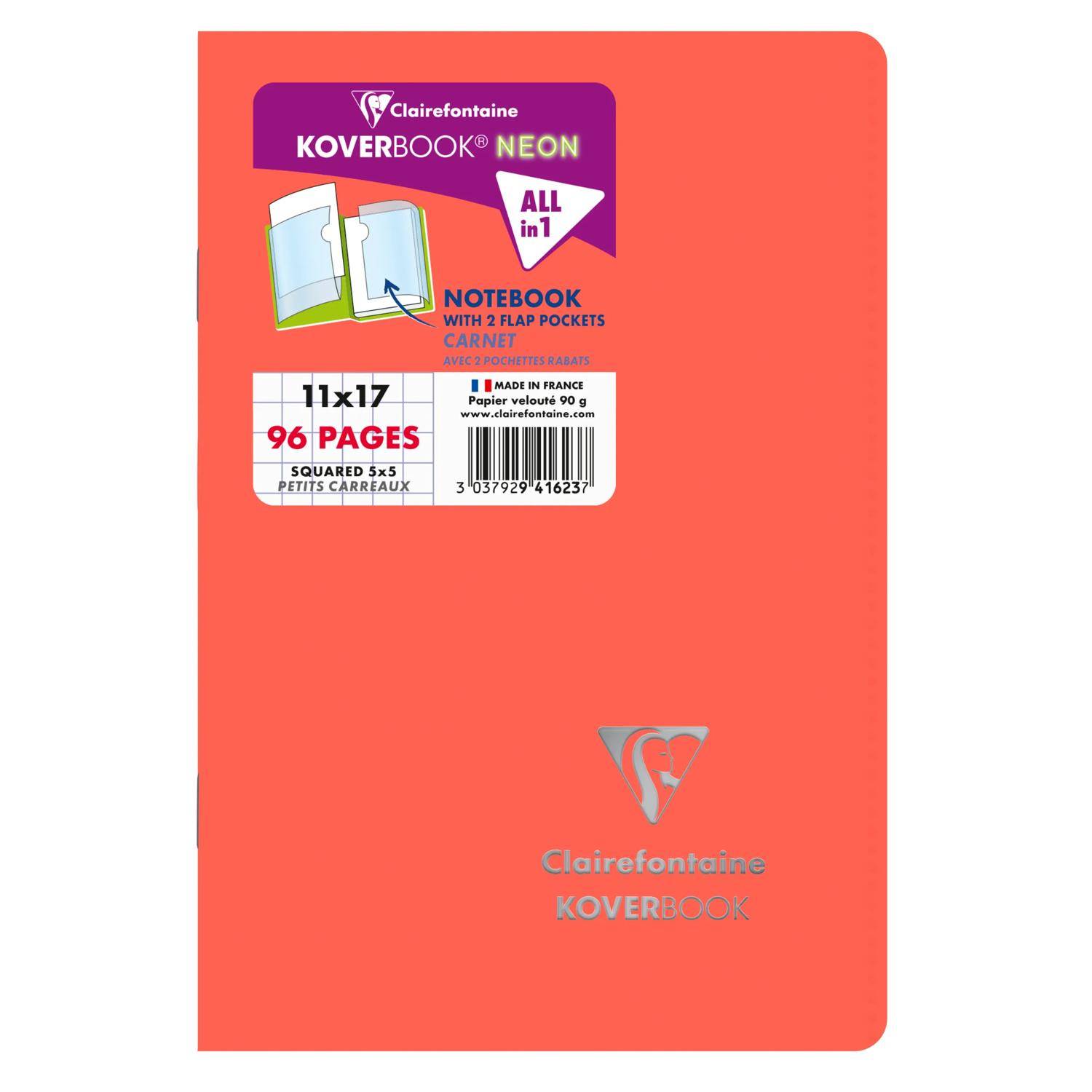 Coral Clairefontaine Koverbook Notizbucheinband mit der Bezeichnung „KOVERBOOK NEON", „ALL in 1"", 11x17, 96 Seiten, kariert 5x5, mit zwei Klappentaschen und Barcode.