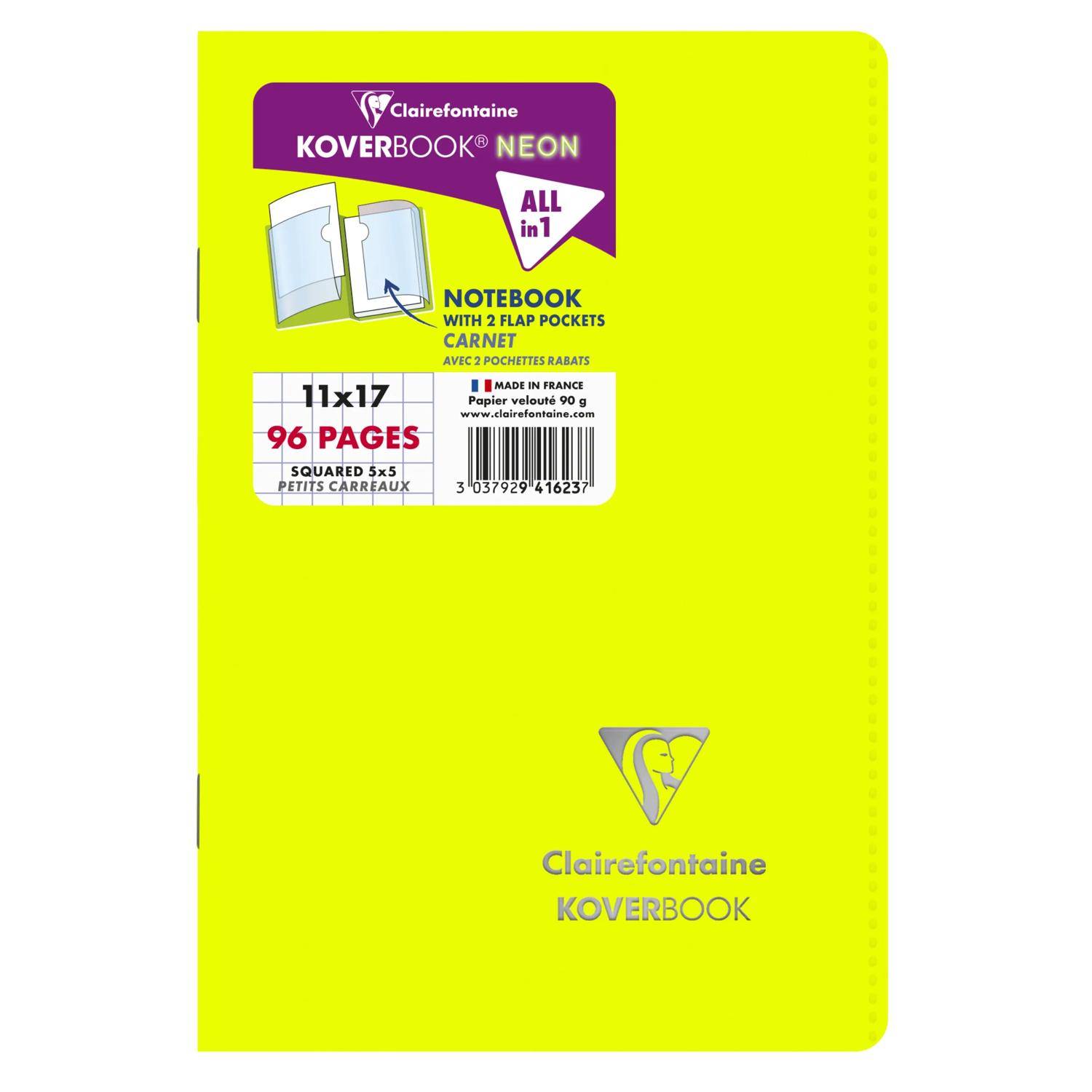 Leuchtend neongelbes Clairefontaine Koverbook Notizbuch-Cover mit Etikett, auf dem „Notebook mit 2 Klappentaschen" steht, A4/11x17, 96 Seiten, kariert 5x5, und Barcode.