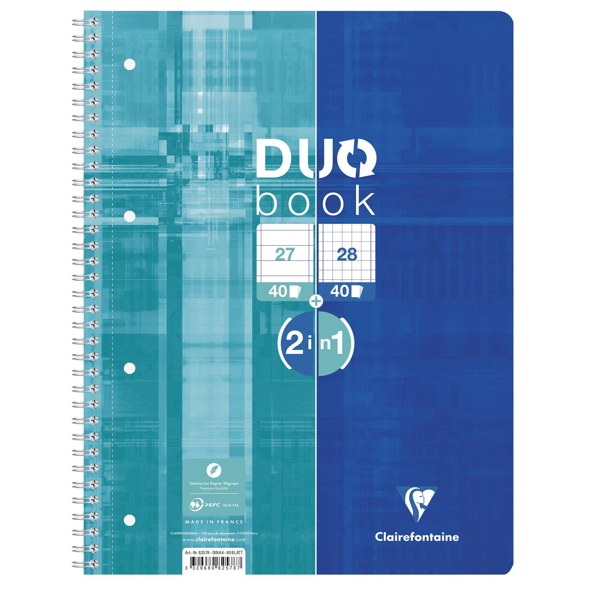 Clairefontaine 5x DUO book Collegeblock A4+ 40 Bl kariert + 40 Blatt Lin. 82578C
