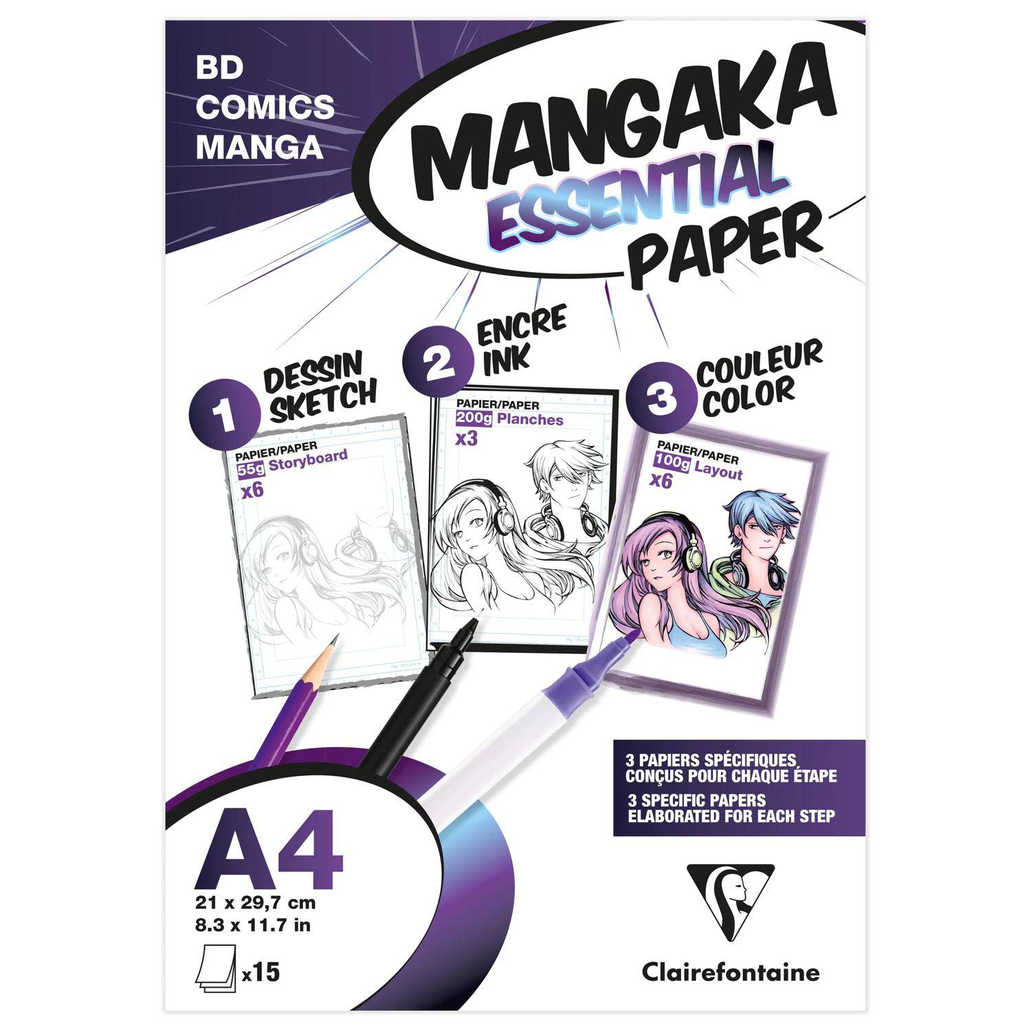 Clairefontaine 5x Mappe mit 15 Blatt A4 (3 Mangapapiere sortiert) Weiß 94050C