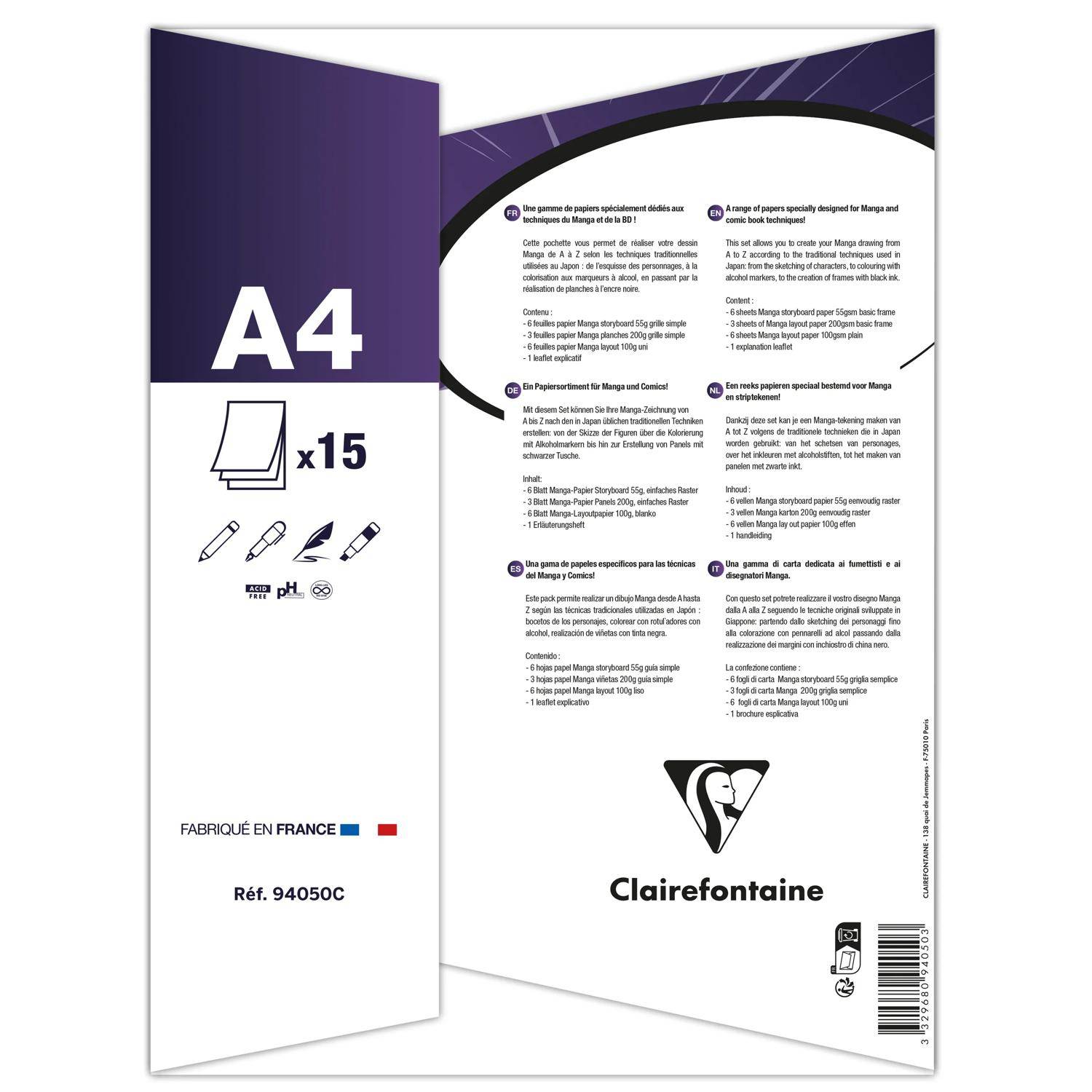 Clairefontaine 5x Mappe mit 15 Blatt A4 (3 Mangapapiere sortiert) Weiß 94050C