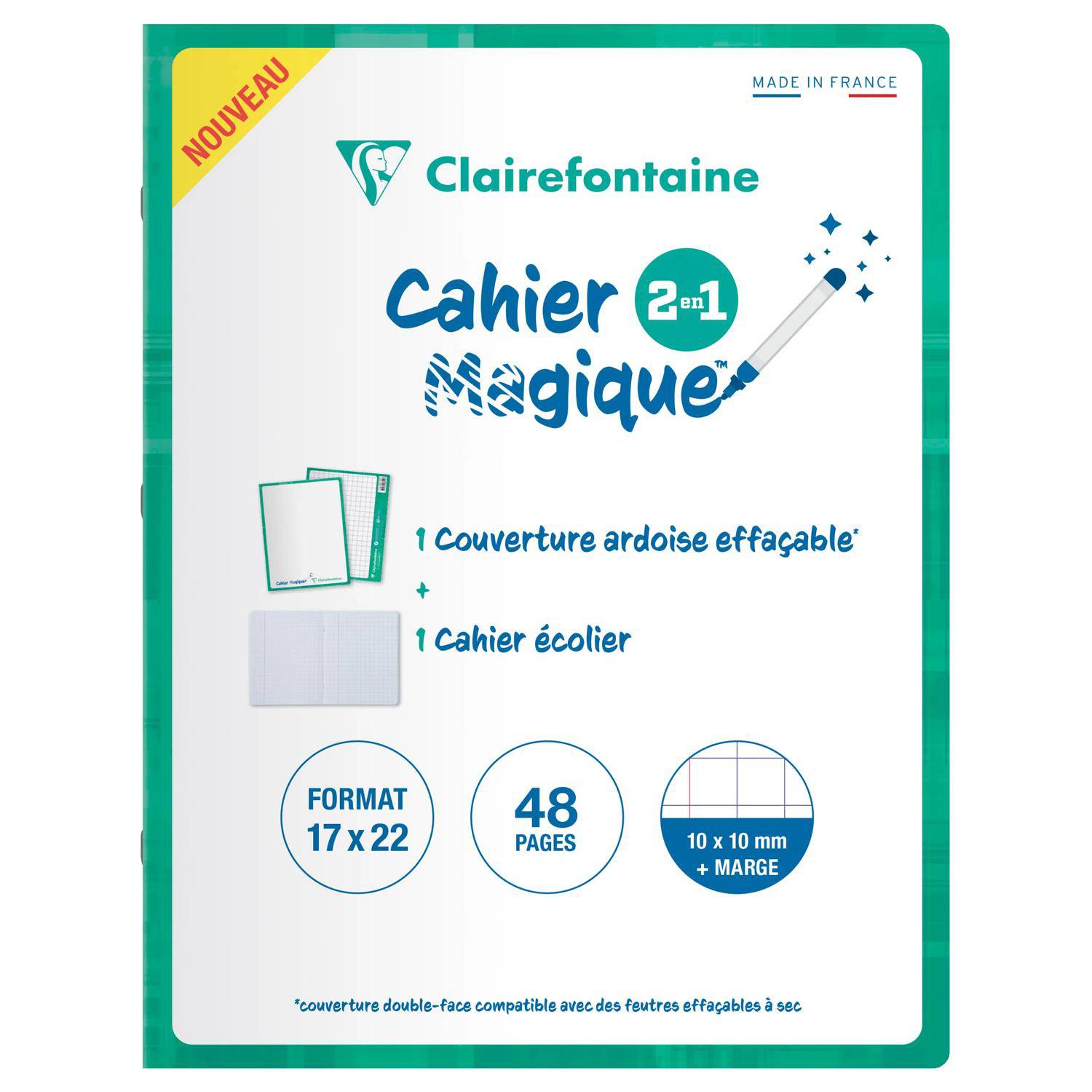 Clairefontaine 'Cahier 2 en 1 Magique' Notizbuch mit löschbarem Schieferschiefer-Umschlag, 48 Seiten, Format 17 x 22 cm, 10 x 10 mm Raster mit Rand.