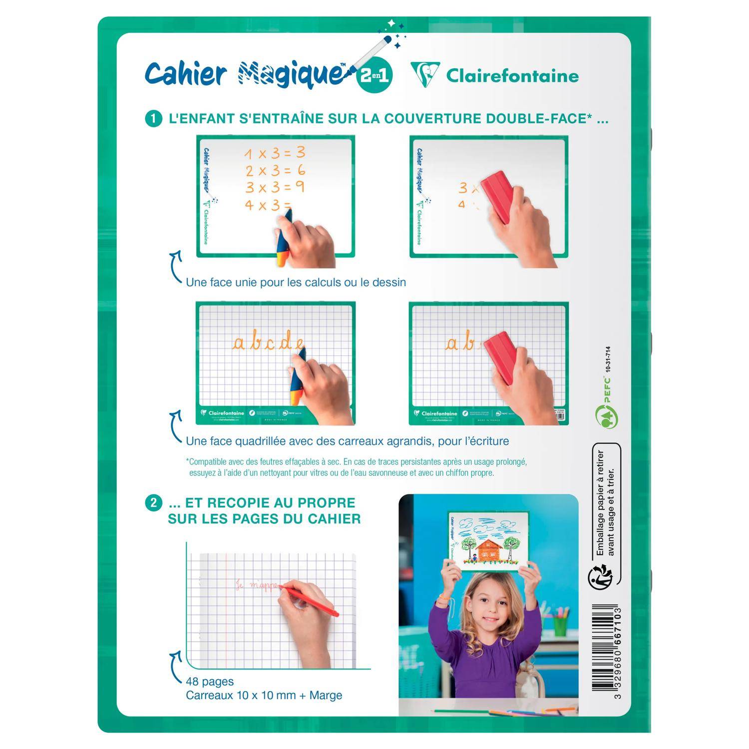 Verpackung für 'Cahier Magique 2.1' von Clairefontaine mit einem beidseitigen Notizbuchdeckel: eine Seite für Berechnungen oder Zeichnungen, die andere mit vergrößertem Raster zum Schreiben, plus 48-seitiges Übungsmaterial im Inneren.