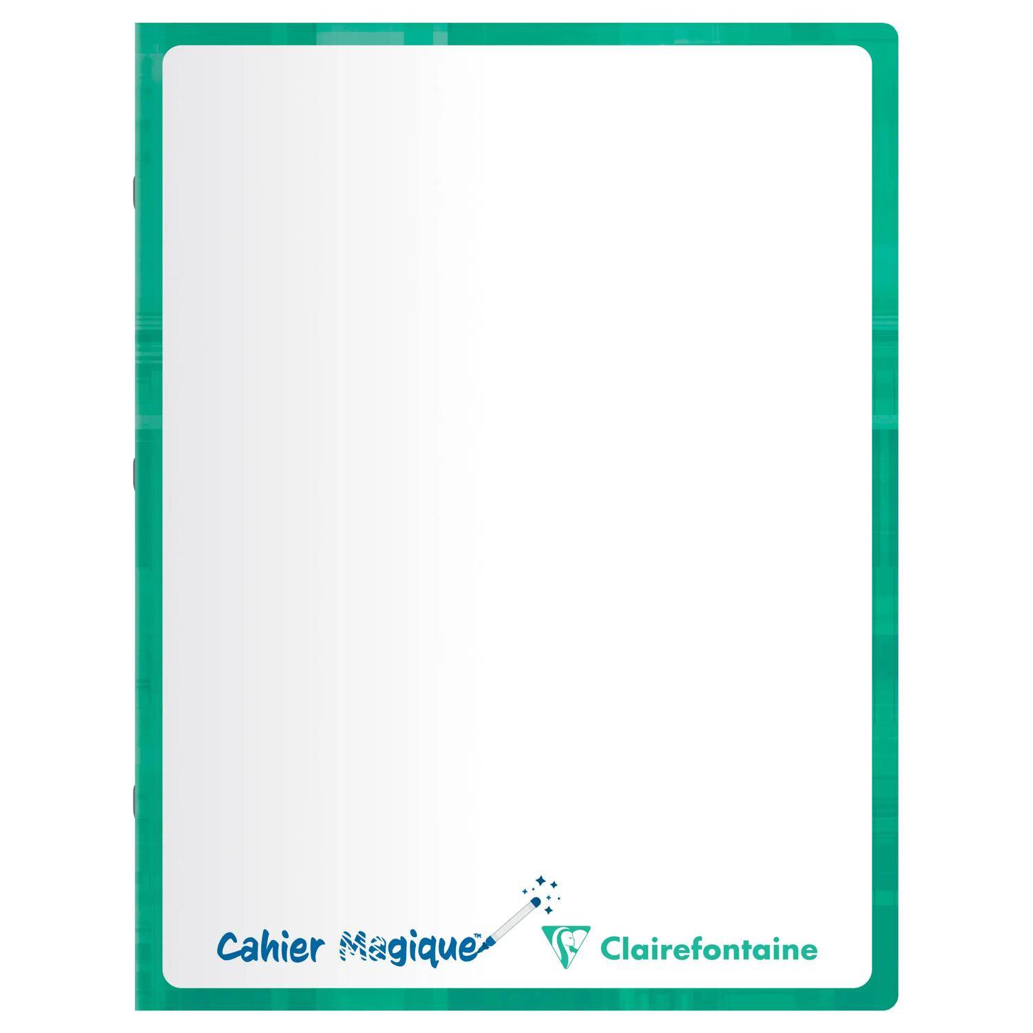 Weißer Notizbucheinband mit grünem Rand und den Logos „Cahier Magique" und „Clairefontaine"" am unteren Ende