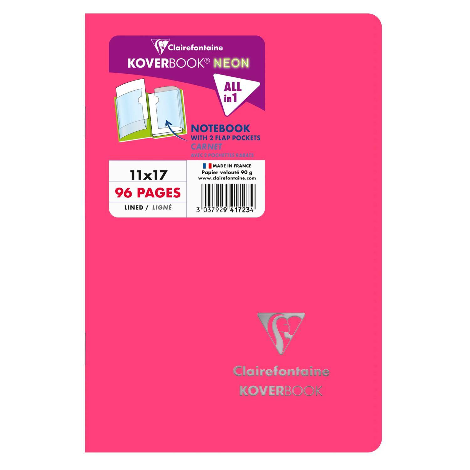 Helles Rosa Clairefontaine Koverbook Neon Notizbuchcover mit der Beschriftung „All in 1", „Notizbuch mit 2 Klappentaschen"", „11x17"" und „96 Seiten liniert"".