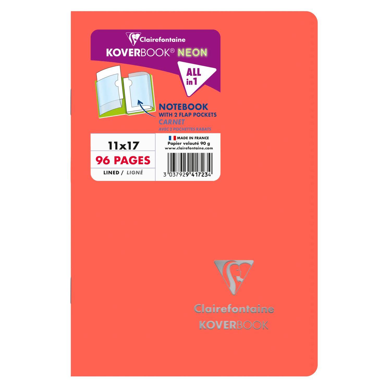 Coral Clairefontaine Koverbook Neon-Notizbuch mit Frontschild mit Angabe von „11x17", „96 Seiten"", liniert, und Umschlag mit zwei Taschen „All in 1"".