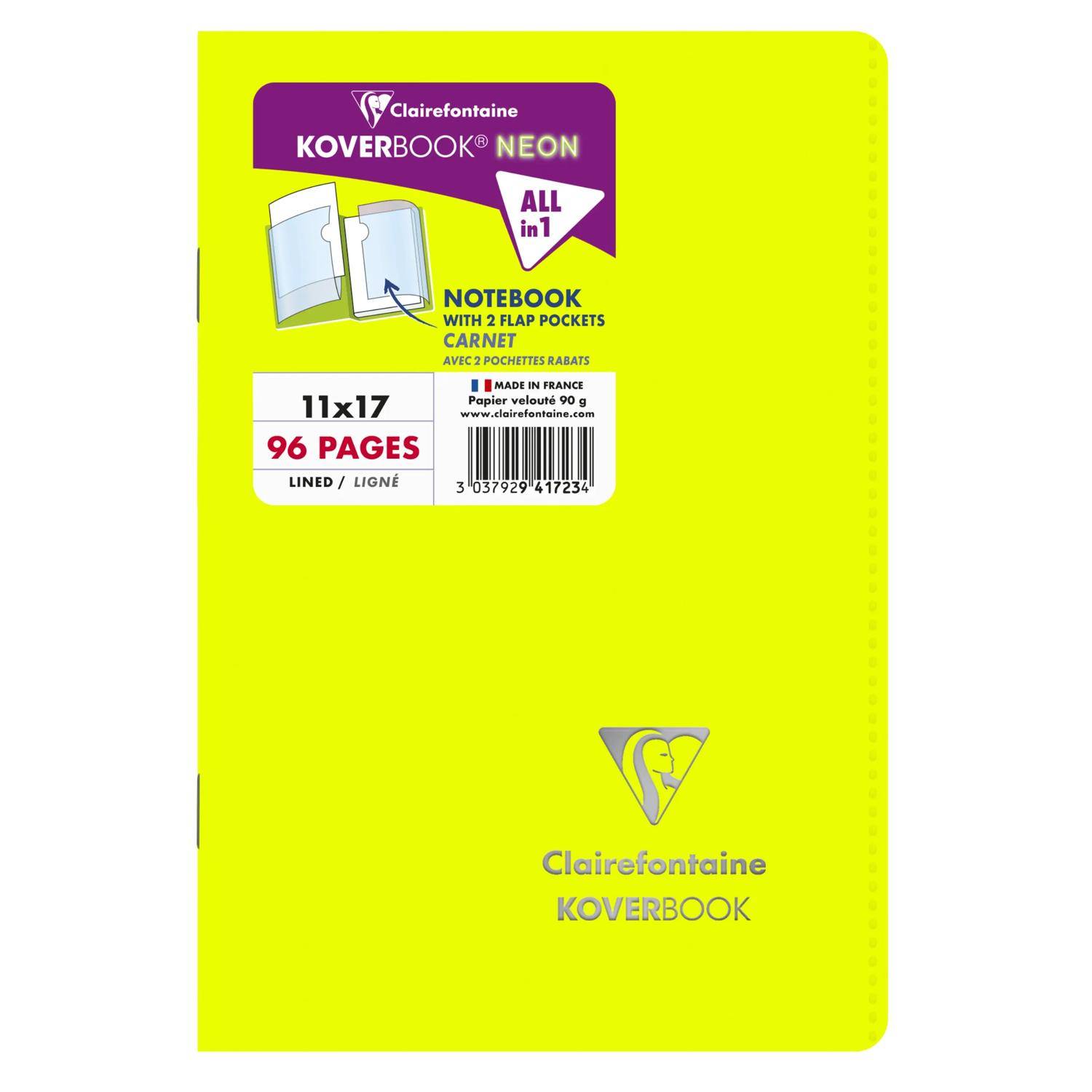 Leuchtend neongelbe Clairefontaine Koverbook Notizbucheinband mit Etikett, das „All in 1", „Notizbuch mit 2 Klapptaschen"", 11x17 und 96 Seiten zeigt.