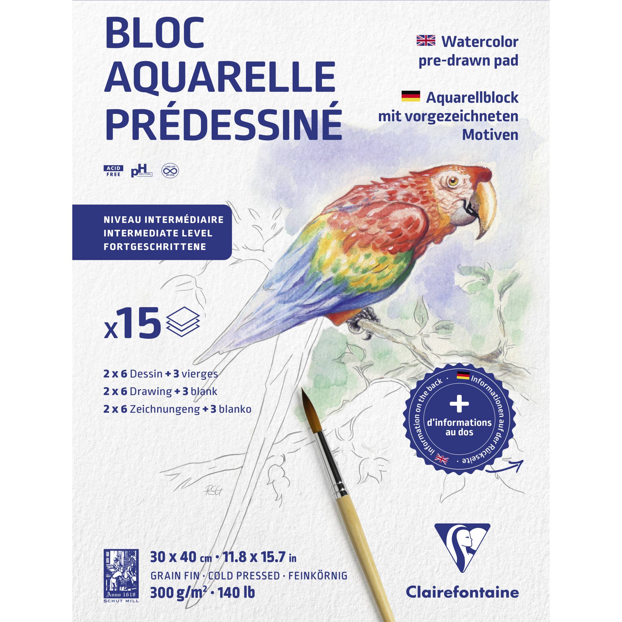 Clairefontaine 5x Aquarellblock 30x40cm 15 Blatt Motiv Tiere 975725C