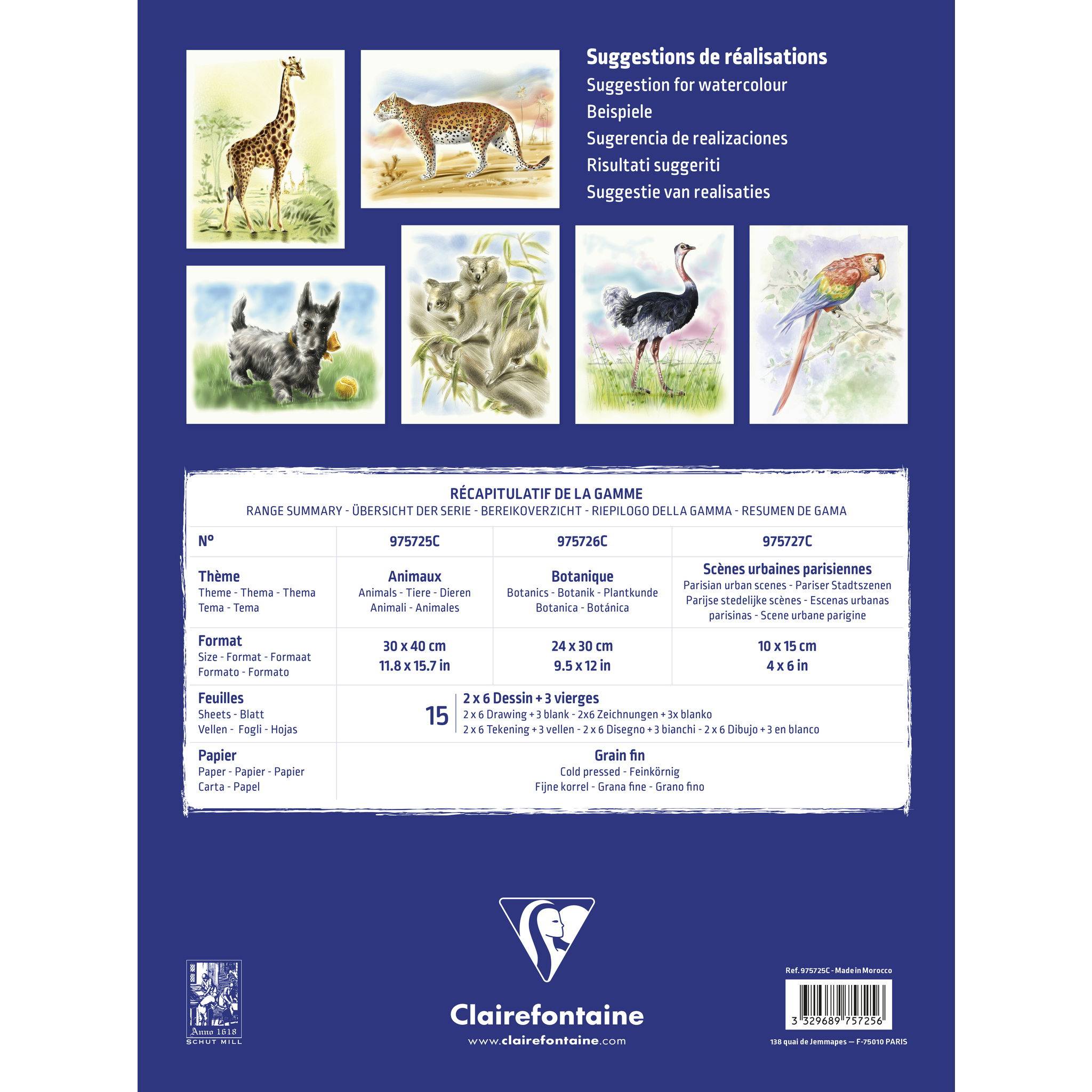 Clairefontaine 5x Aquarellblock 30x40cm 15 Blatt Motiv Tiere 975725C