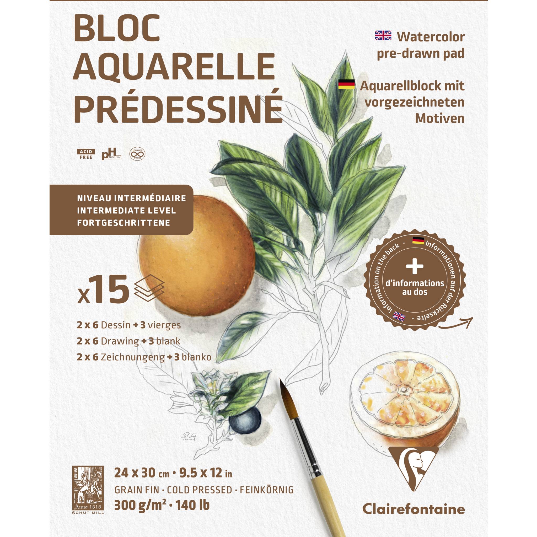 Clairefontaine 5x Aquarellblock 24x30cm 15 Blatt Motiv Botanik 975726C