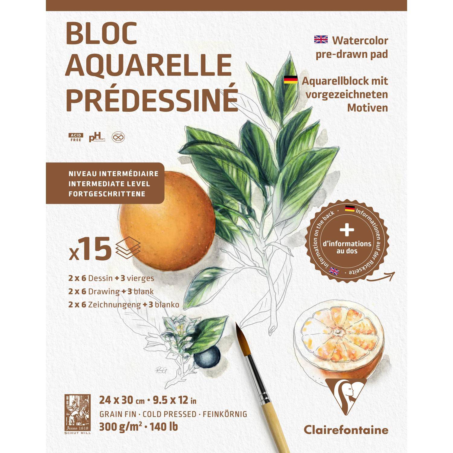 Clairefontaine 5x Aquarellblock 24x30cm 15 Blatt Motiv Botanik 975726C