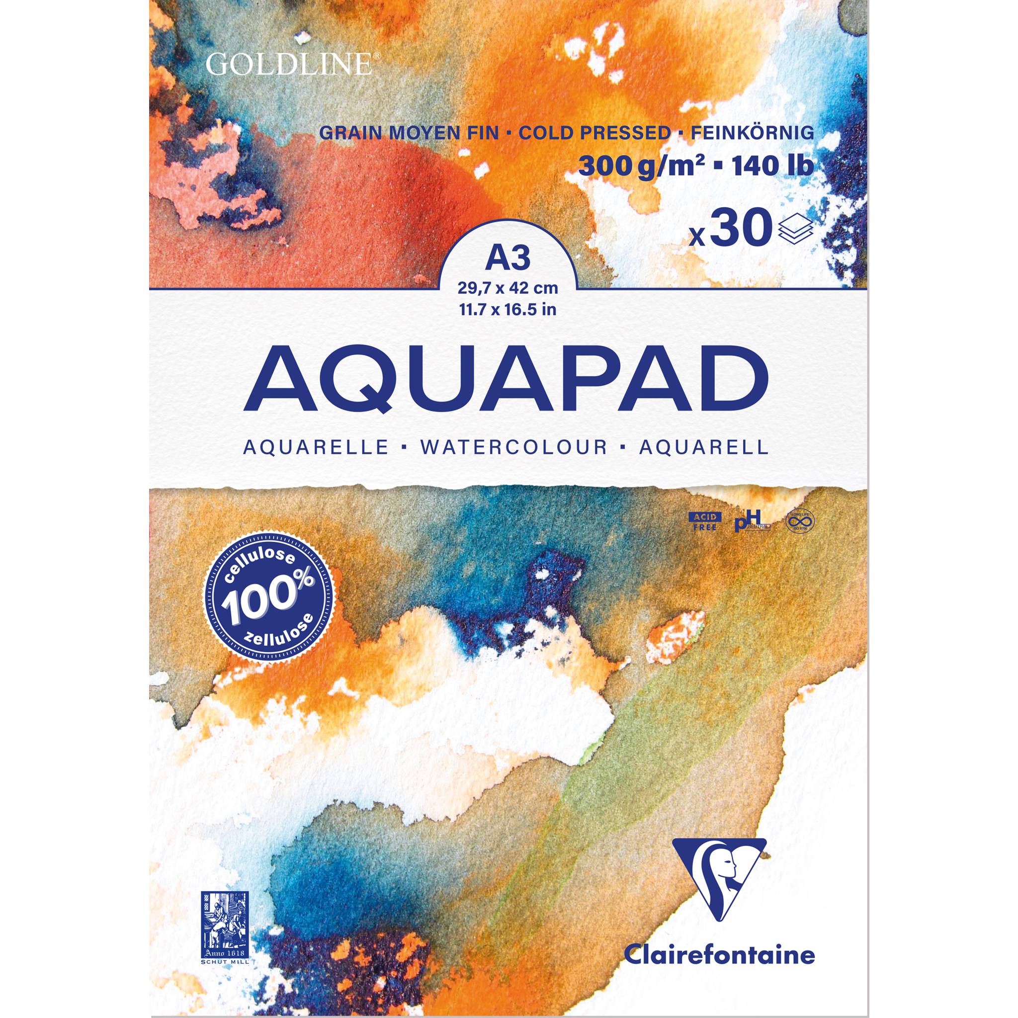 Clairefontaine 3x Aquarellblock Goldline Aquapad A3 30 Blatt weiß 975722C