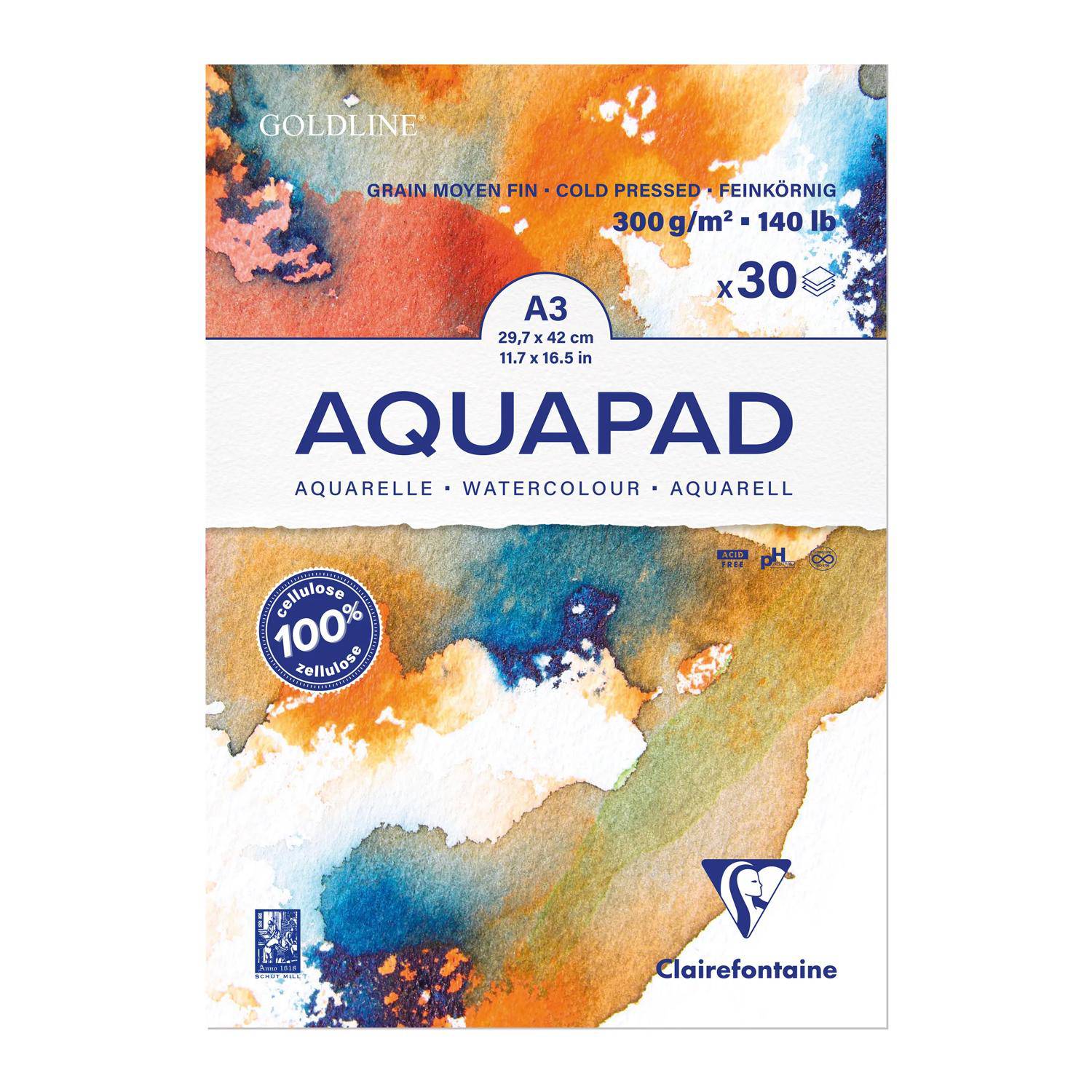 Clairefontaine 3x Aquarellblock Goldline Aquapad A3 30 Blatt weiß 975722C