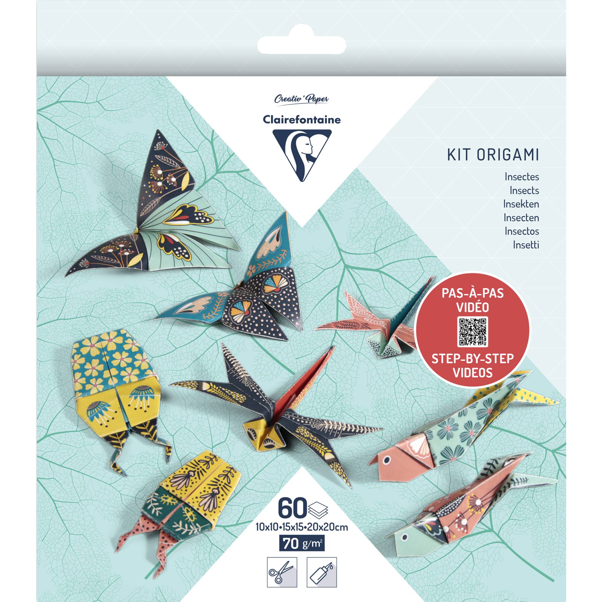 Clairefontaine 5x Origami, Pack. 60 Blatt in 3 Formaten, Thema Insekten - 95366C