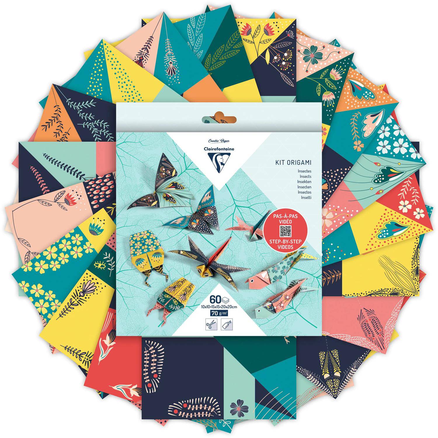 Clairefontaine 5x Origami, Pack. 60 Blatt in 3 Formaten, Thema Insekten - 95366C